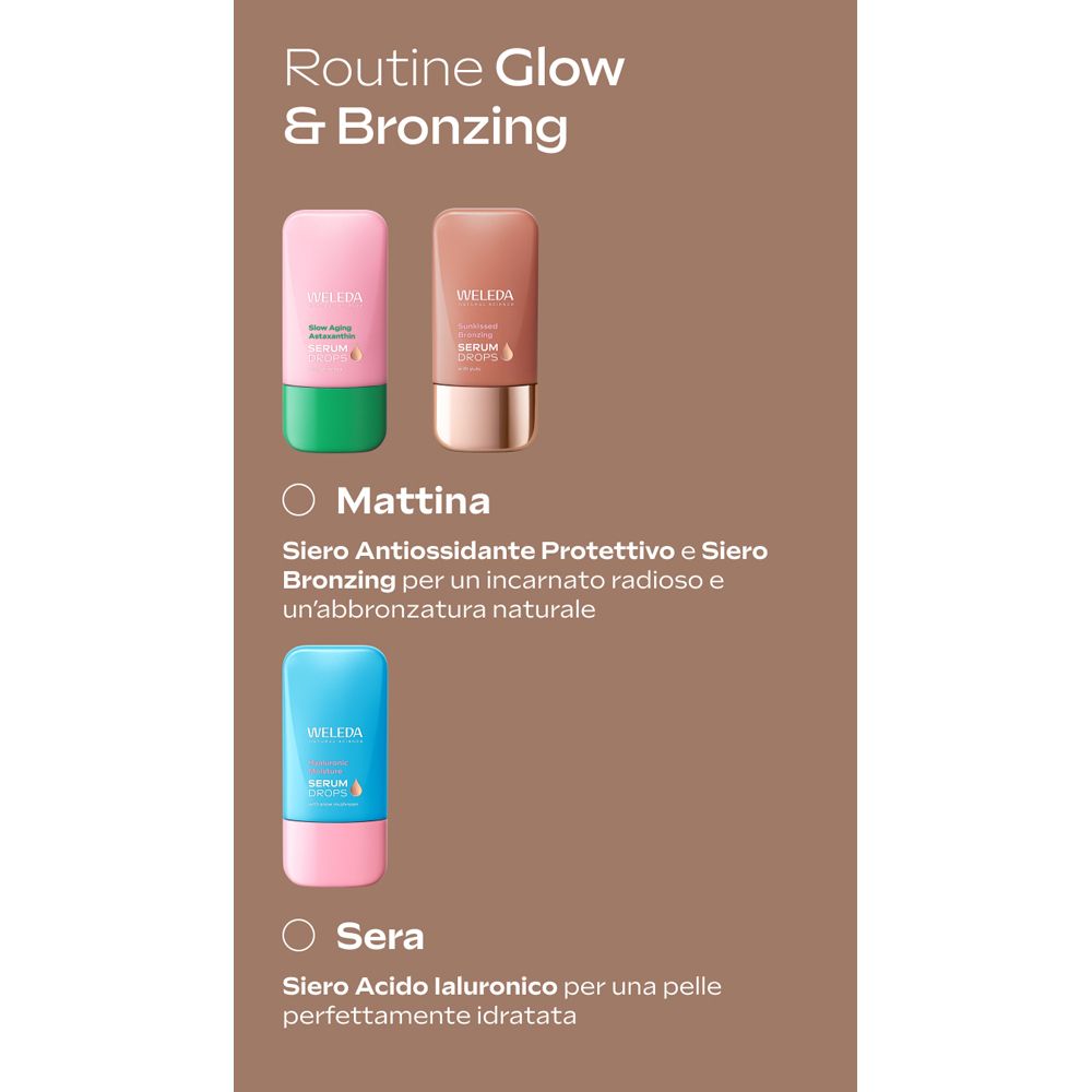 Routine Glow & Bronzing. Prodotti per mattina e sera. Testo: Siero Antiox, Siero Bronzing, Siero Acido Ialuronico.