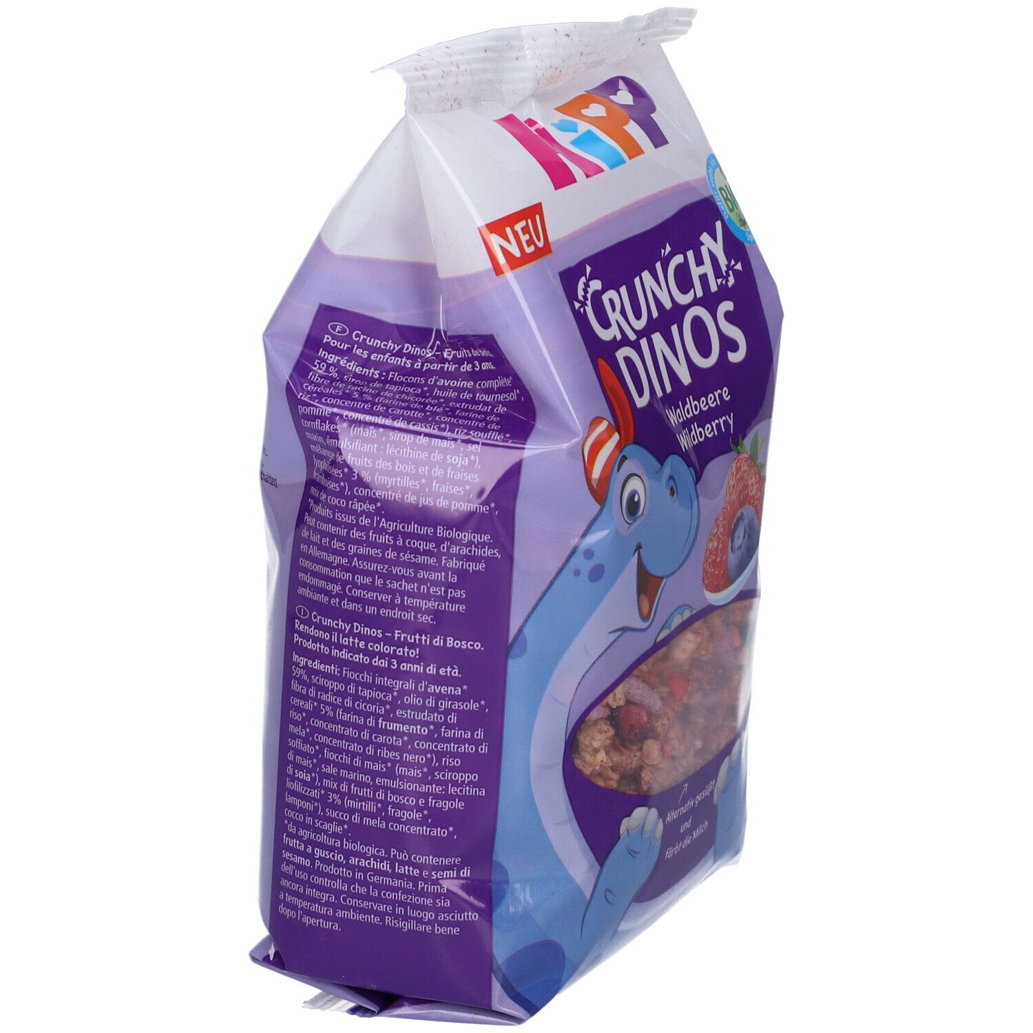 Confezione di HIPP Crunchy Dinos, vista laterale. Nome del prodotto e illustrazione di un dinosauro blu. Testo multilingue.