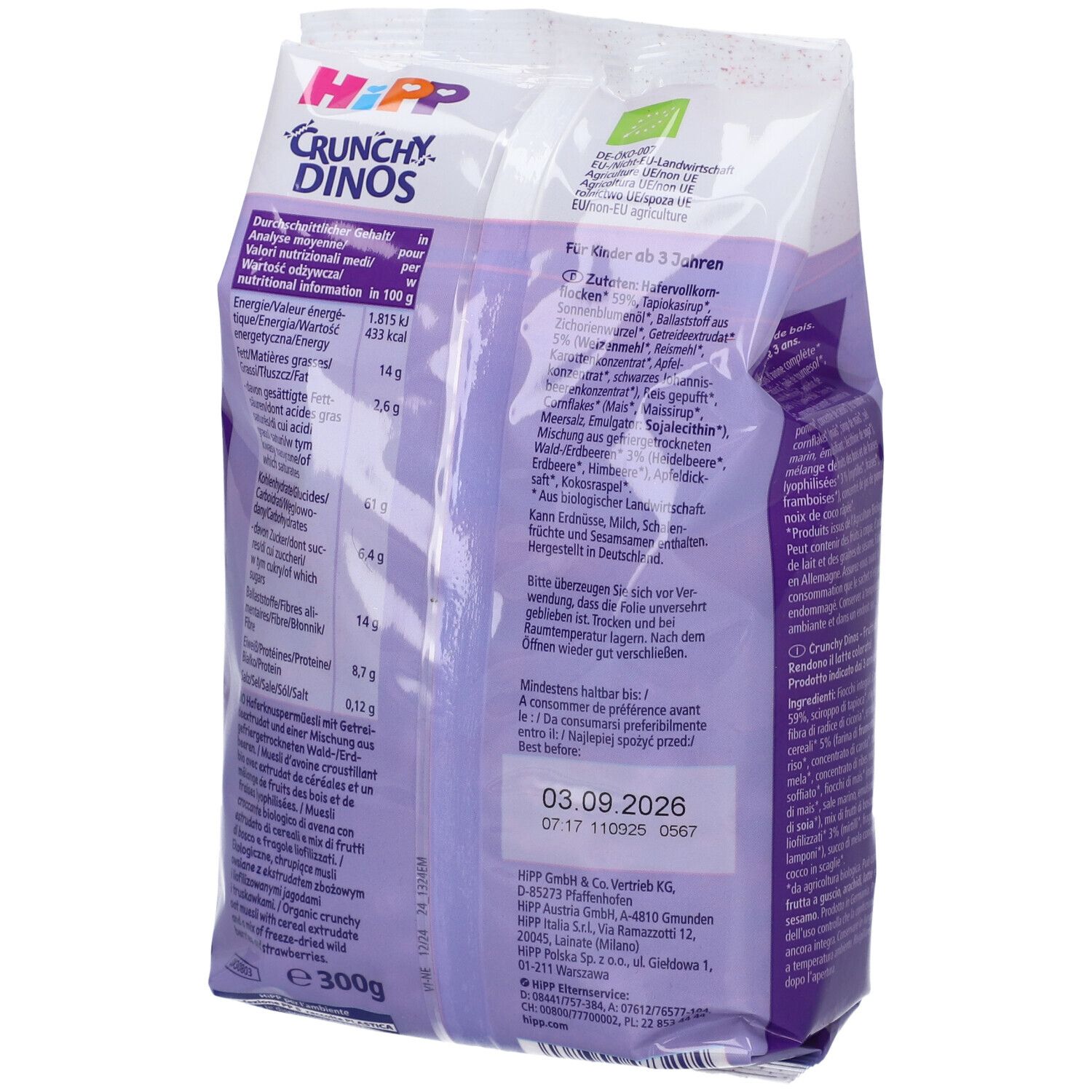 Retro della confezione HIPP Crunchy Dinos. Informazioni nutrizionali, elenco ingredienti e data di scadenza. Marchio biologico.