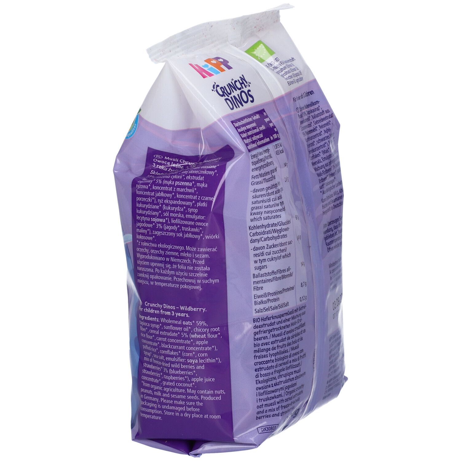 Confezione HIPP Crunchy Dinos, vista laterale. Elenco ingredienti e informazioni nutrizionali. Marchio biologico.