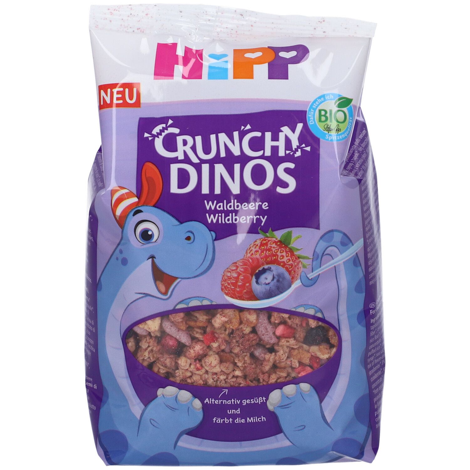 Confezione di HIPP Crunchy Dinos. Nome del prodotto e illustrazione di un dinosauro blu. Contiene frutti di bosco. Marchio biologico.