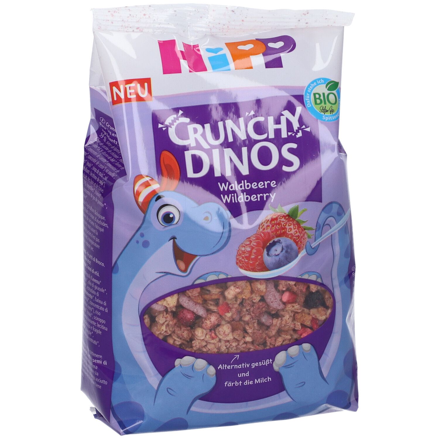 Confezione di HIPP Crunchy Dinos. Nome del prodotto e illustrazione di un dinosauro blu. Contiene frutti di bosco. Marchio biologico.