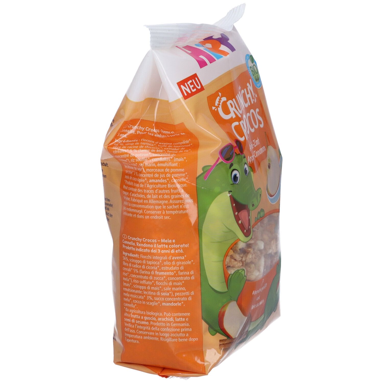 Vista laterale della confezione di Hipp Crunchy Crocos. Testo multilingue. Illustrazione di un coccodrillo. Sigillo biologico.