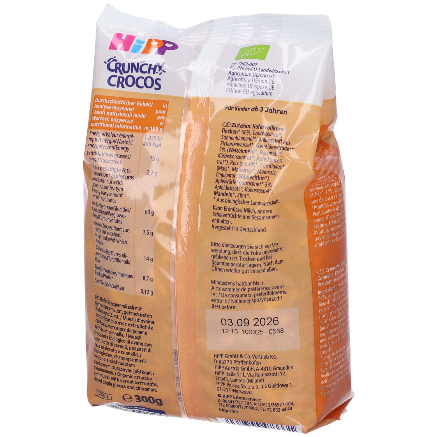 Retro della confezione di Hipp Crunchy Crocos. Informazioni nutrizionali e lista ingredienti. Scadenza: 03.09.2026.