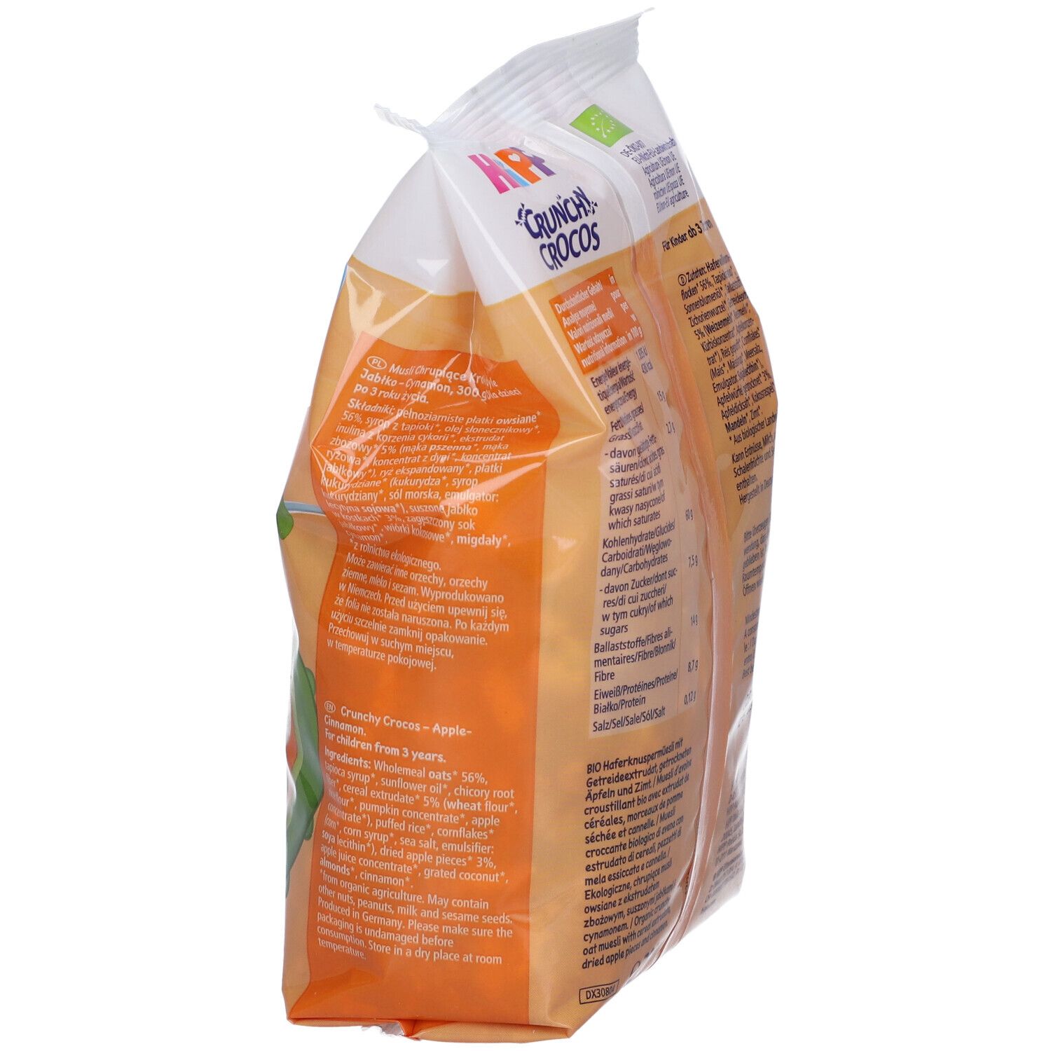 Vista laterale della confezione di Hipp Crunchy Crocos. Testo multilingue. Informazioni nutrizionali e lista ingredienti.