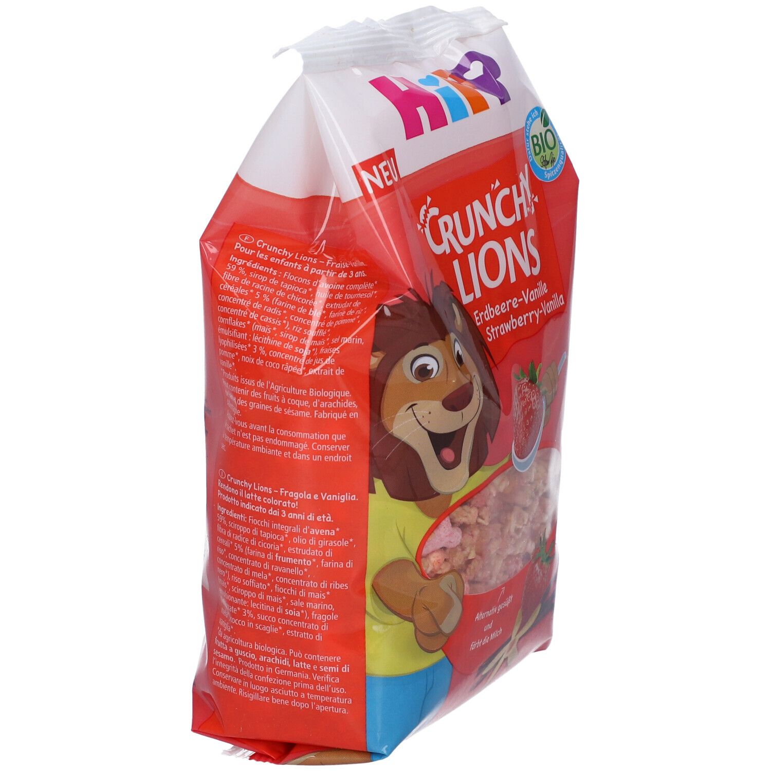 Confezione Hipp Crunchy Lions, pellicola rossa, vista laterale. Nome del prodotto, logo e sigillo bio visibili.