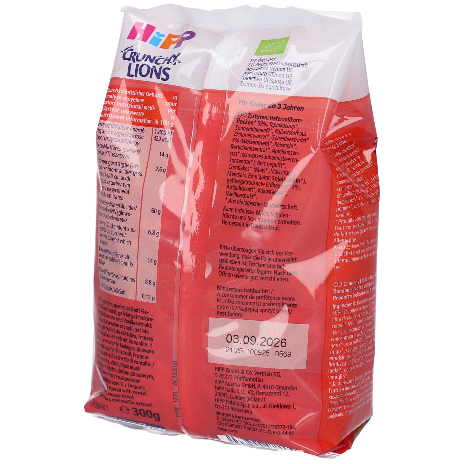 Retro della confezione Hipp Crunchy Lions. Testo con informazioni nutrizionali e data di scadenza. Sigillo bio.