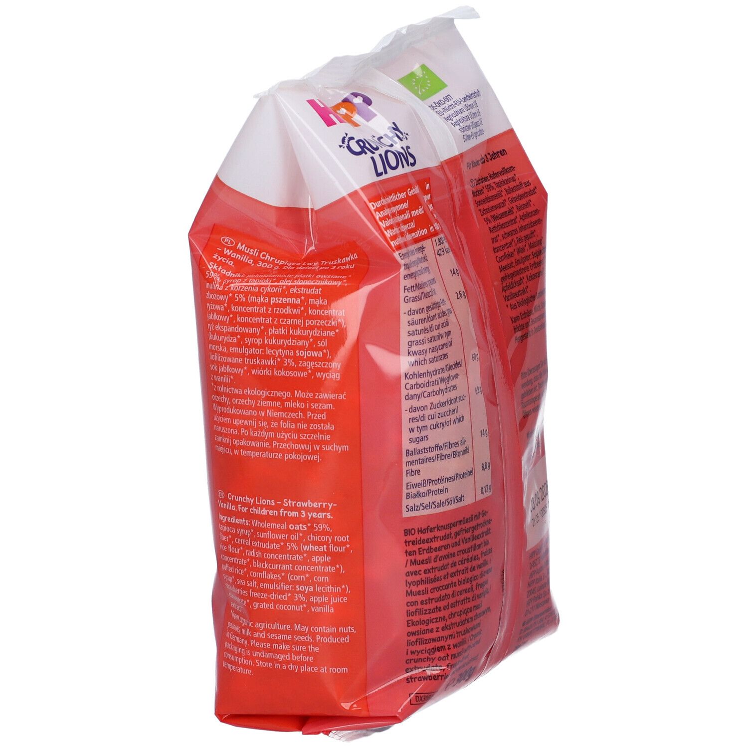 Vista laterale della confezione Hipp Crunchy Lions. Testo con elenco ingredienti e informazioni nutrizionali. Sigillo bio.