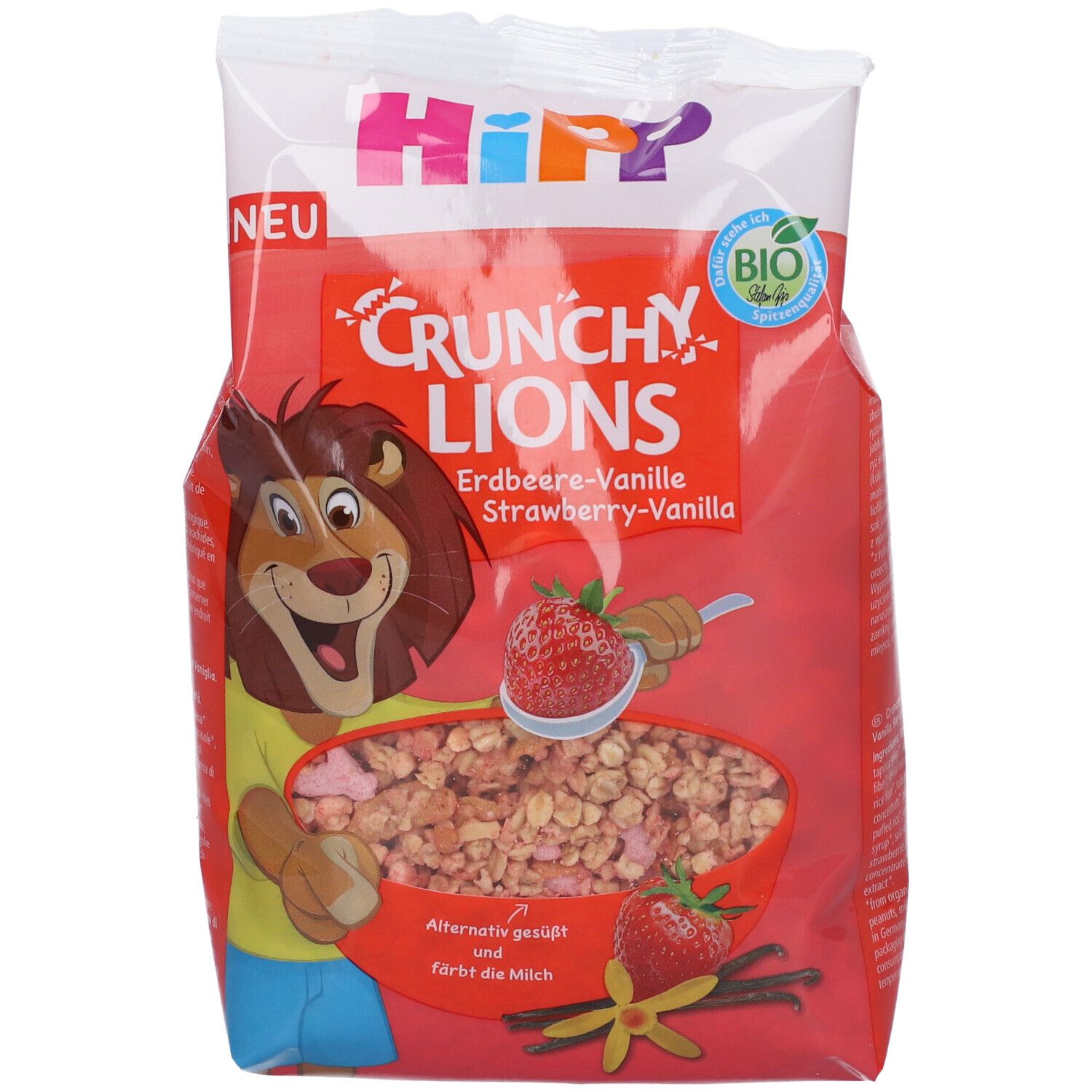 Confezione Hipp Crunchy Lions, pellicola rossa. Nome del prodotto, logo, immagine fragola-vaniglia e sigillo bio.