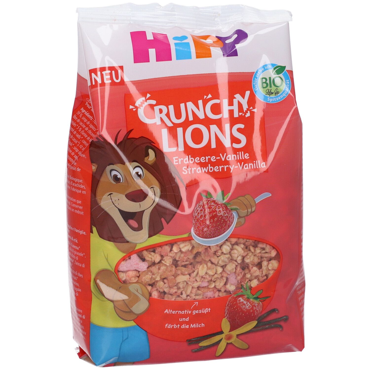 Confezione Hipp Crunchy Lions, pellicola rossa. Nome del prodotto, logo, immagine fragola-vaniglia e sigillo bio.