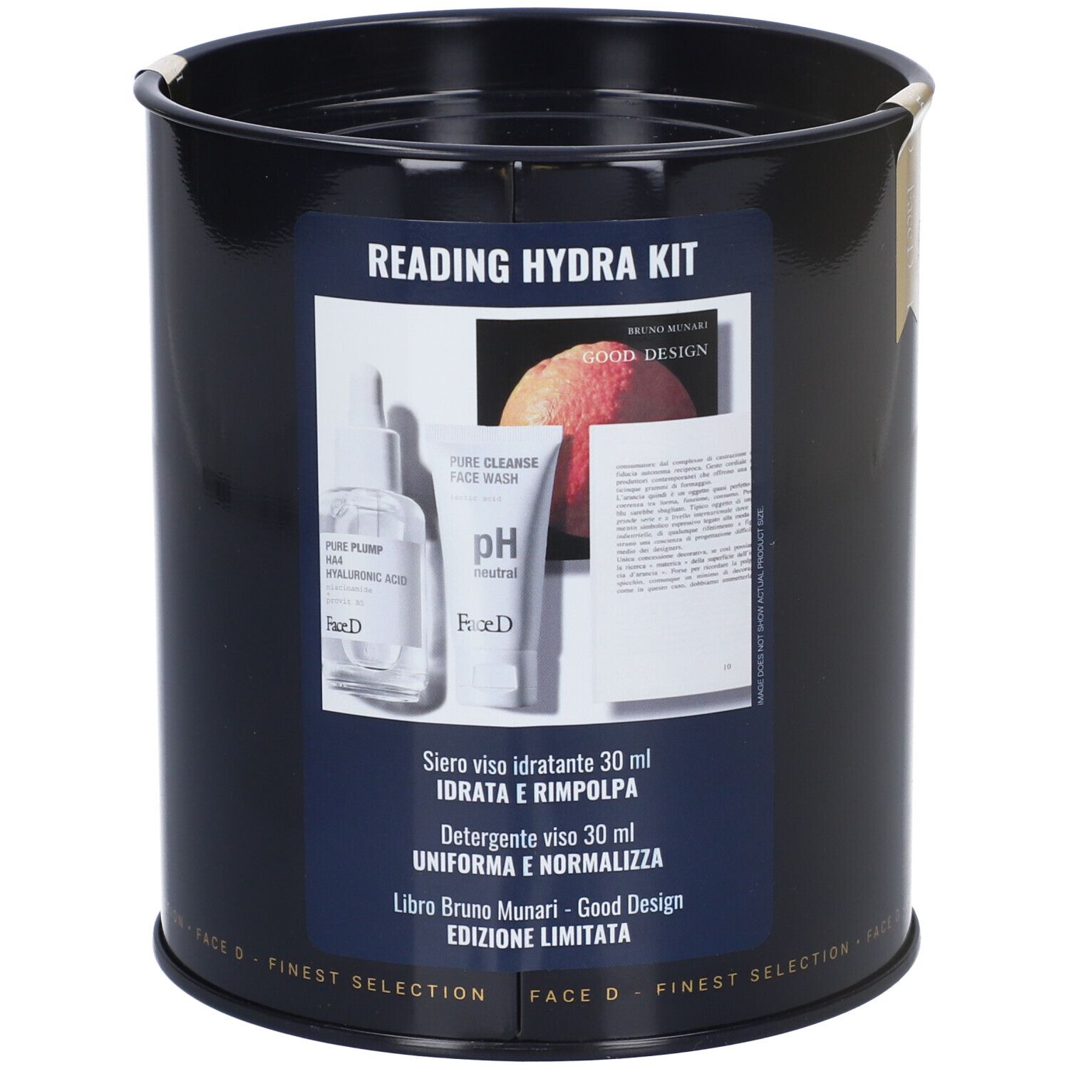 Scatola nera con stampa. Contiene prodotti. Scritto: Reading Hydra Kit. Con prodotti e libro.