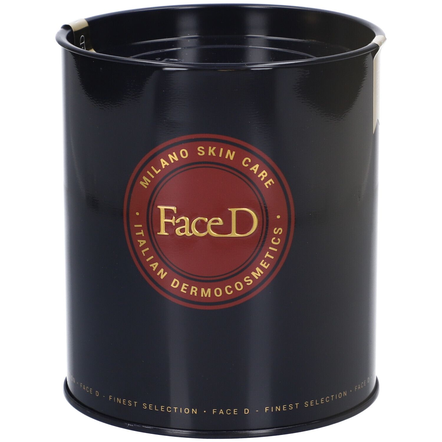 Scatola nera con logo Face D. Scritto: Milano Skin Care, Italian Dermocosmetics. Cerchio rosso.