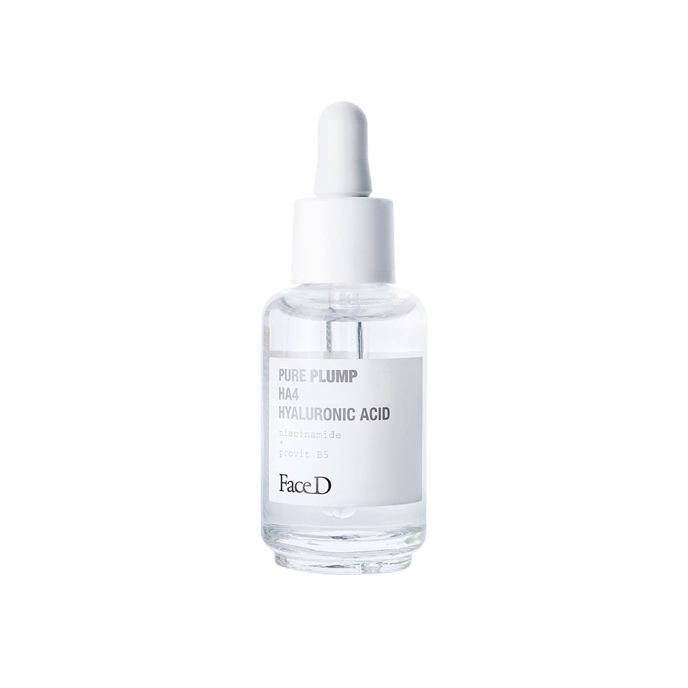 Flacone in vetro trasparente con pipetta. Contiene acido ialuronico. Scritto: Pure Plump HA4 Hyaluronic Acid. Face D.