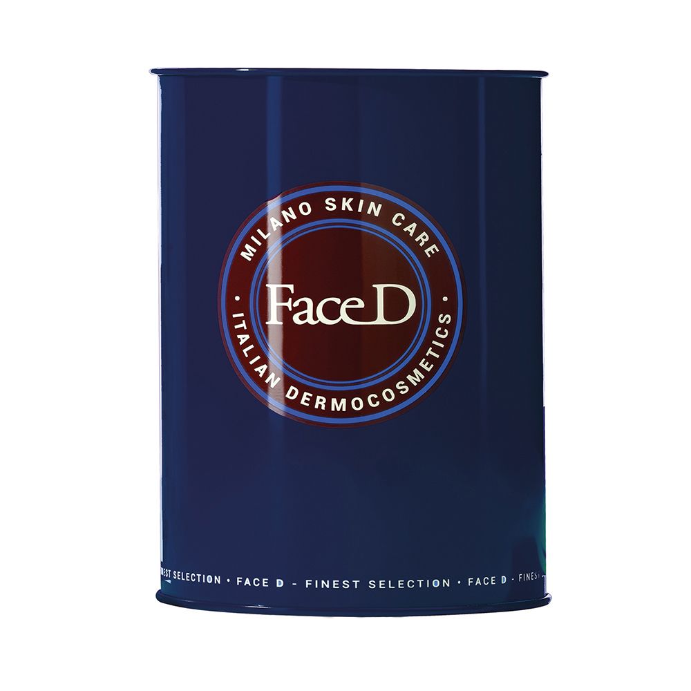 Scatola blu con logo Face D. Scritto: Milano Skin Care, Italian Dermocosmetics. Cerchio rosso.