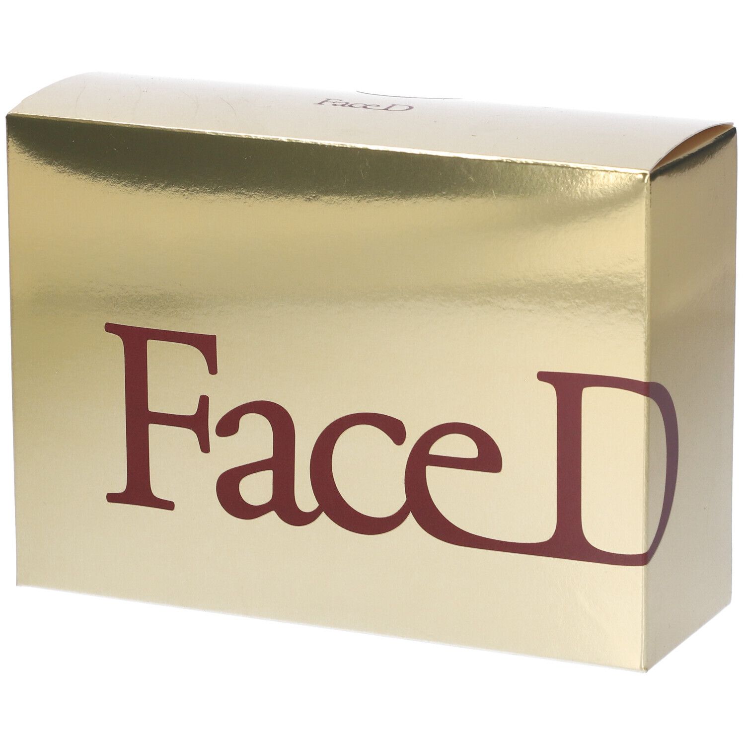 Scatola dorata con scritta rossa Face D. Superficie lucida. Confezione del prodotto.