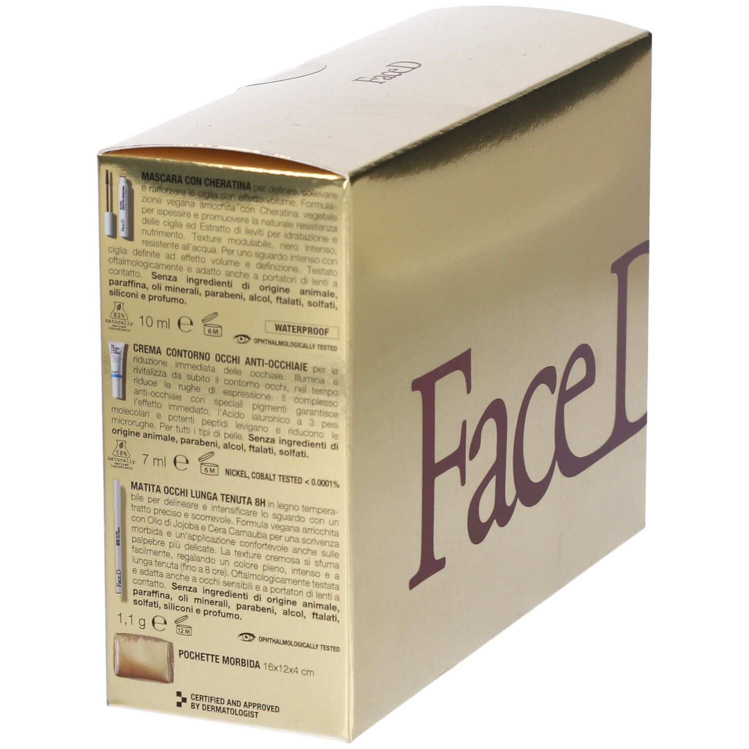 Scatola dorata con testo e prodotti. Contiene mascara, crema occhi e matita occhi. Marchio Face D.
