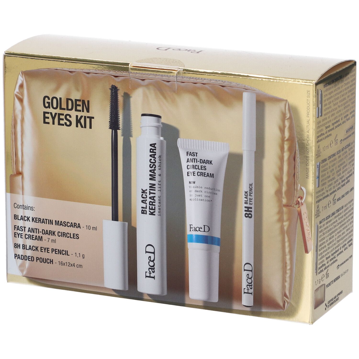 Scatola dorata con prodotti. Contiene mascara, crema occhi, matita occhi e beauty case. Marchio Face D.