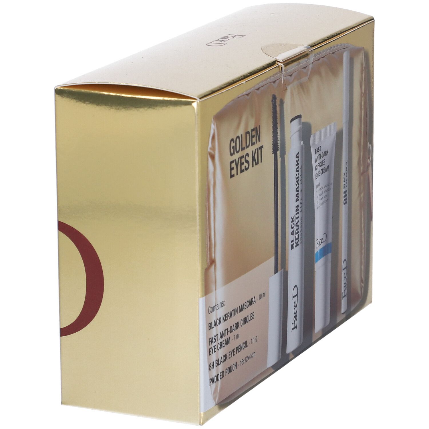 Scatola dorata con prodotti. Contiene mascara, crema occhi e matita occhi. Marchio Face D.