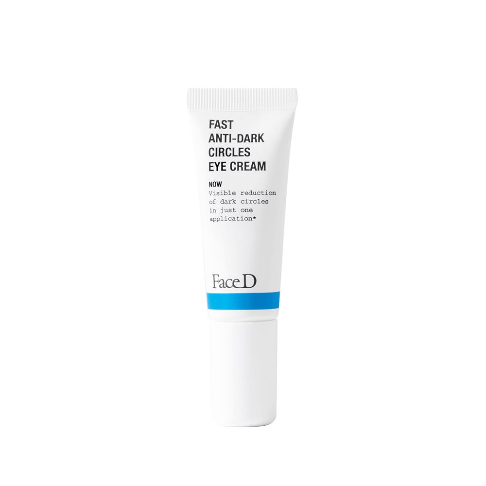 Tubo bianco con testo blu. Nome prodotto: Fast Anti-Dark Circles Eye Cream. Marchio: Face D.
