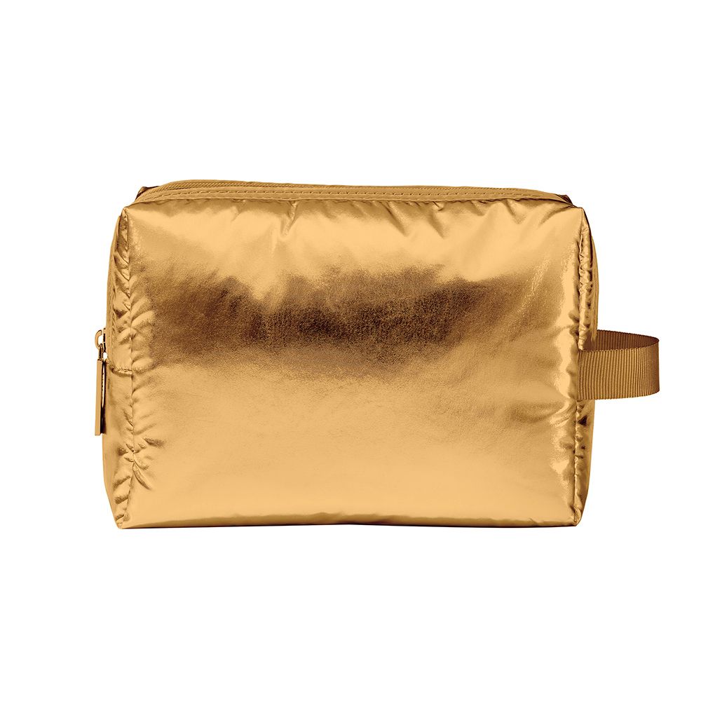 Beauty case dorato con zip e manico. Materiale lucido. Beauty case vuoto.