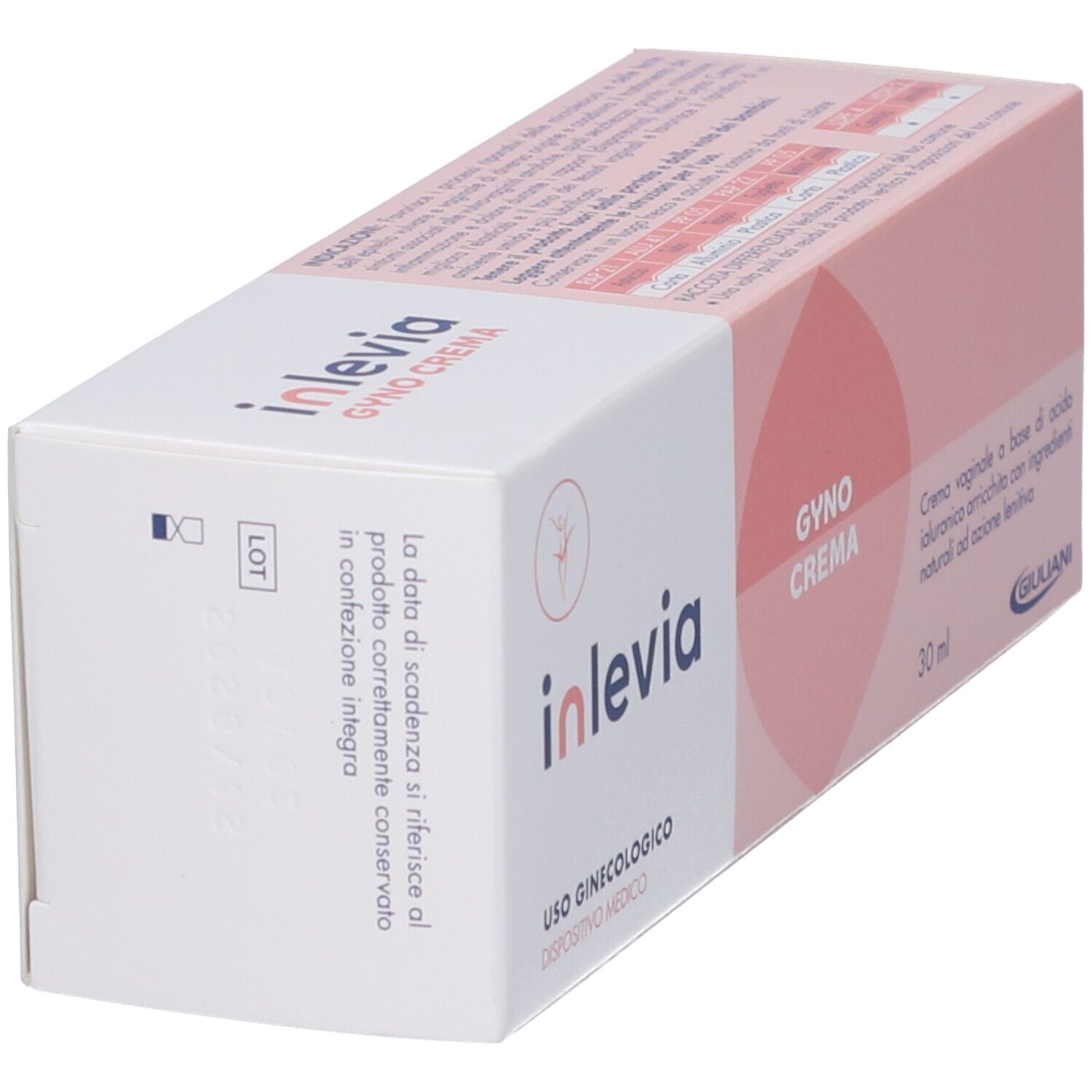 Scatola Inlevia Gyno Crema, angolata. Bianca e rosa con nome e testo del prodotto. 30 ml.