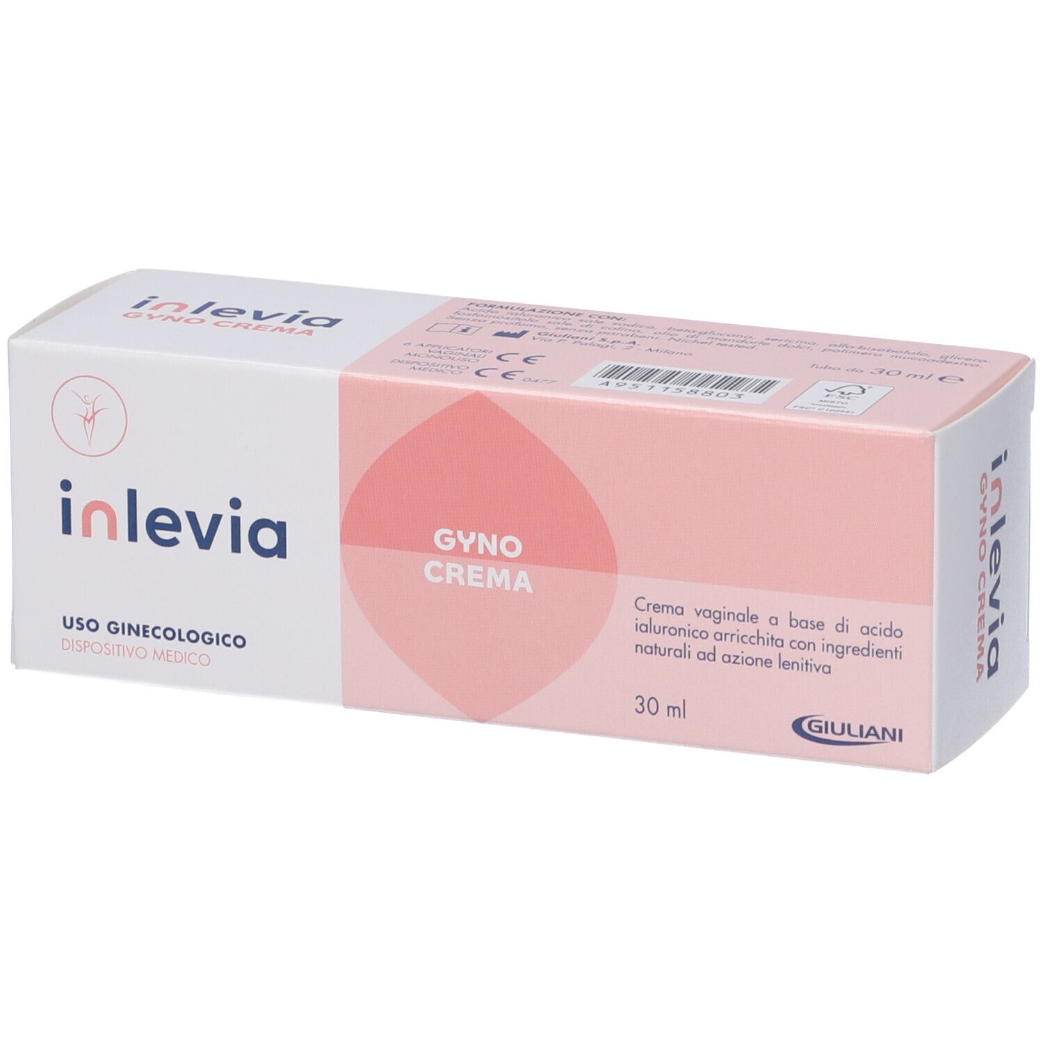 Confezione di Inlevia Gyno Crema. Scatola bianca e rosa con nome e testo del prodotto. 30 ml.