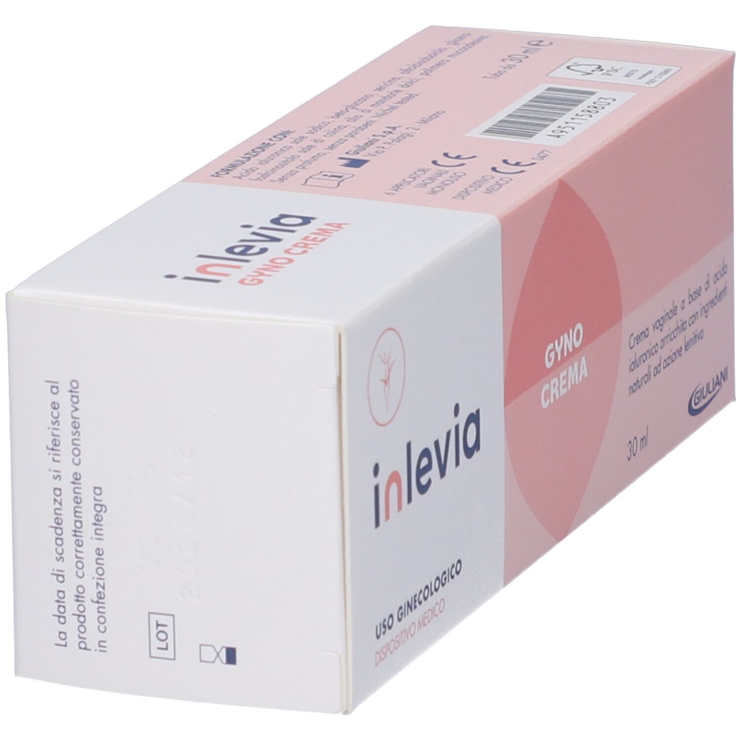 Scatola Inlevia Gyno Crema, angolata. Bianca e rosa con nome e testo del prodotto. 30 ml.