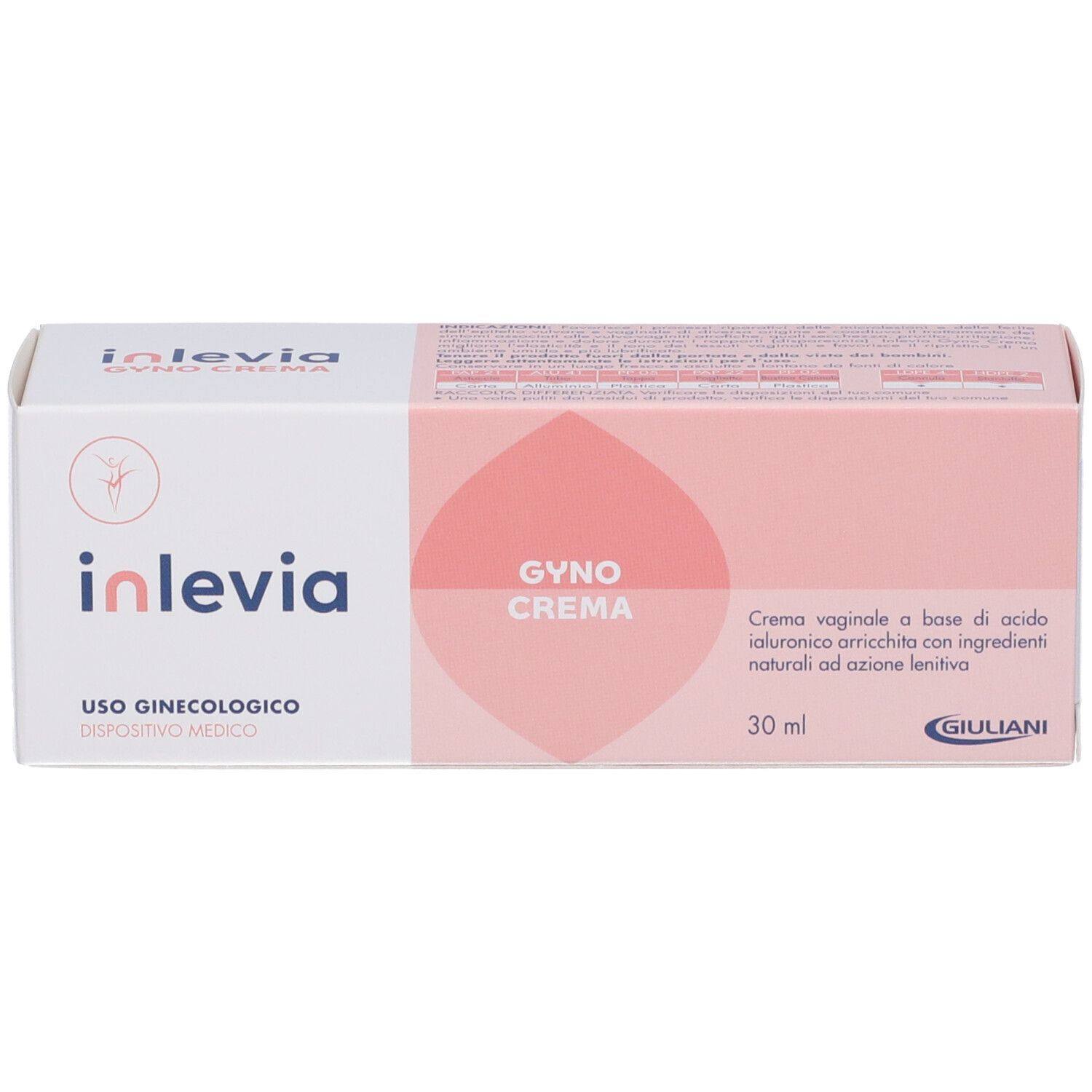 Confezione di Inlevia Gyno Crema. Scatola bianca e rosa con nome e testo del prodotto. 30 ml.