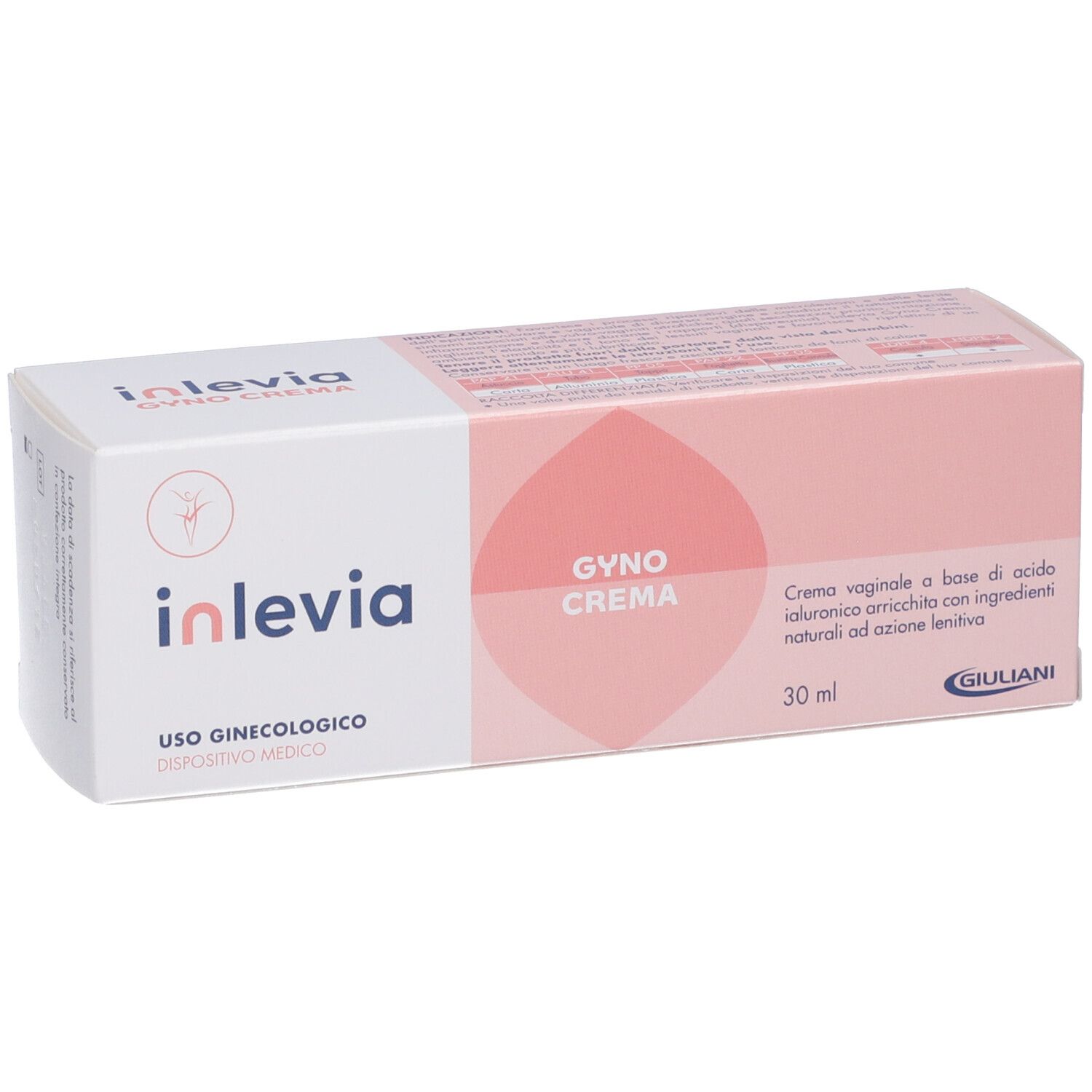 Confezione di Inlevia Gyno Crema. Scatola bianca e rosa con nome e testo del prodotto. 30 ml.