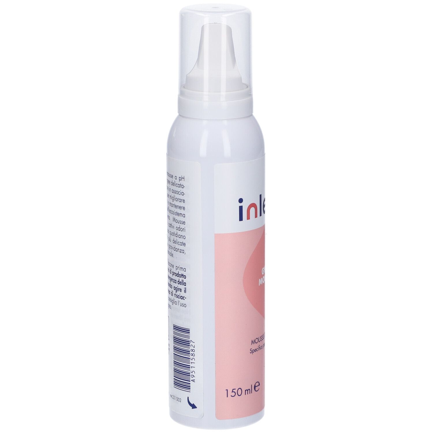 Flacone bianco con erogatore, vista laterale. Testo visibile. Nome prodotto: inlevia Gyno Mousse. Etichetta con testo.