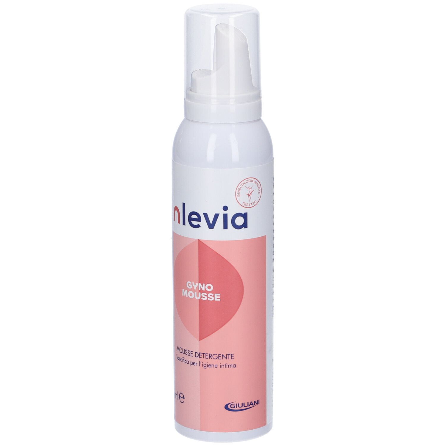 Flacone bianco con erogatore. Scritta: inlevia, Gyno Mousse. Etichetta rosa con informazioni prodotto.