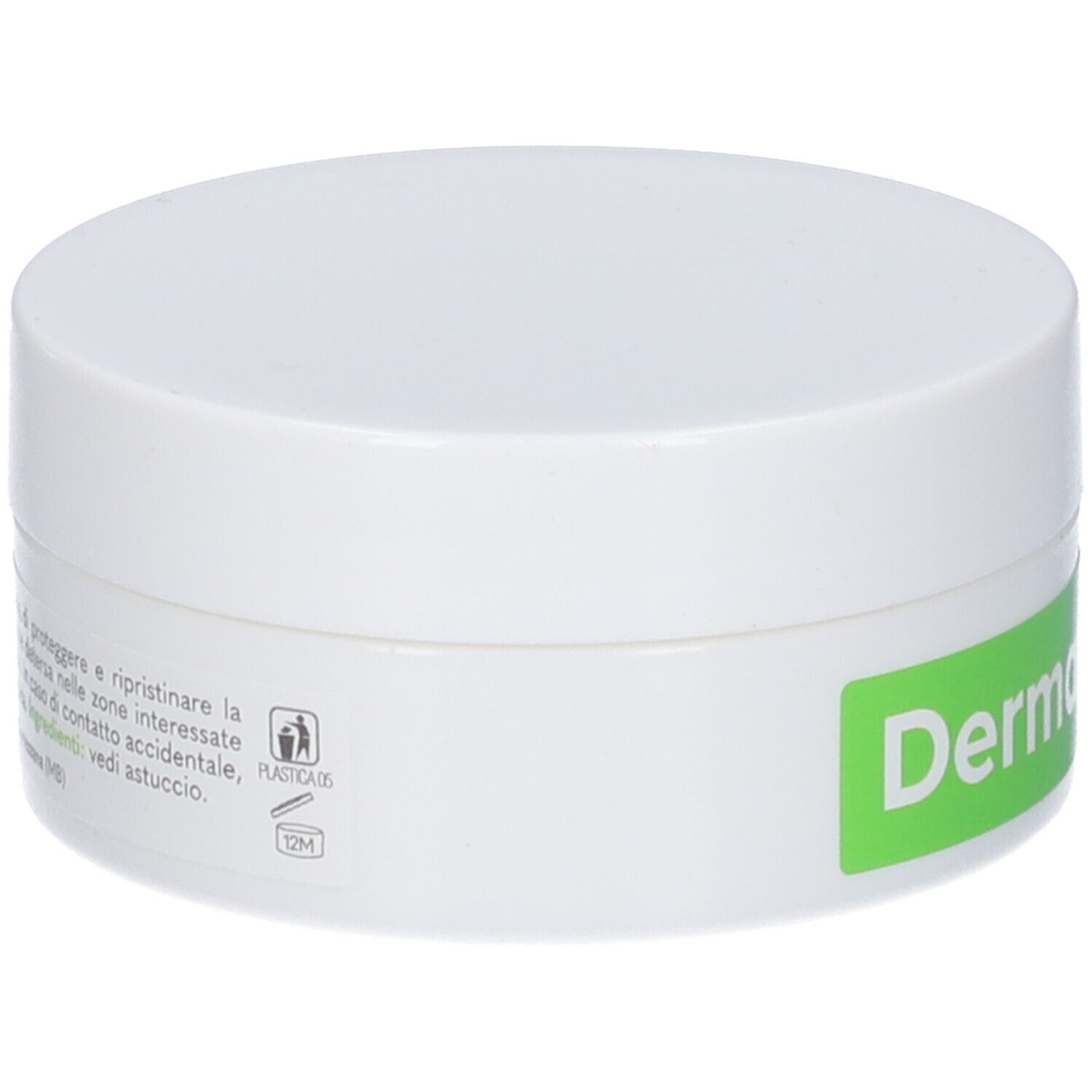 Vasetto bianco con scritta verde. Scritta: Dermaffine. Pittogrammi.