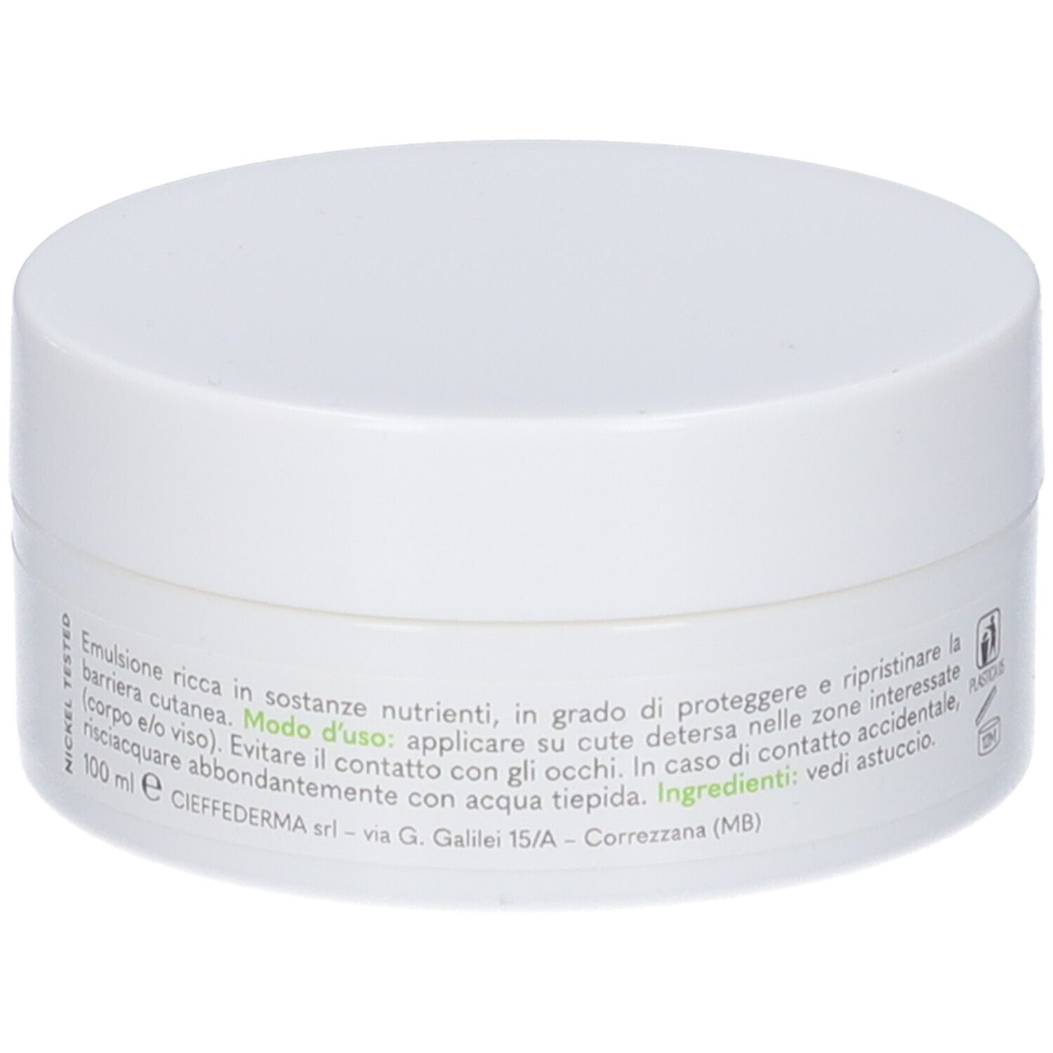 Vasetto bianco con scritta verde. Testo in italiano. Scritta: 100 ml.