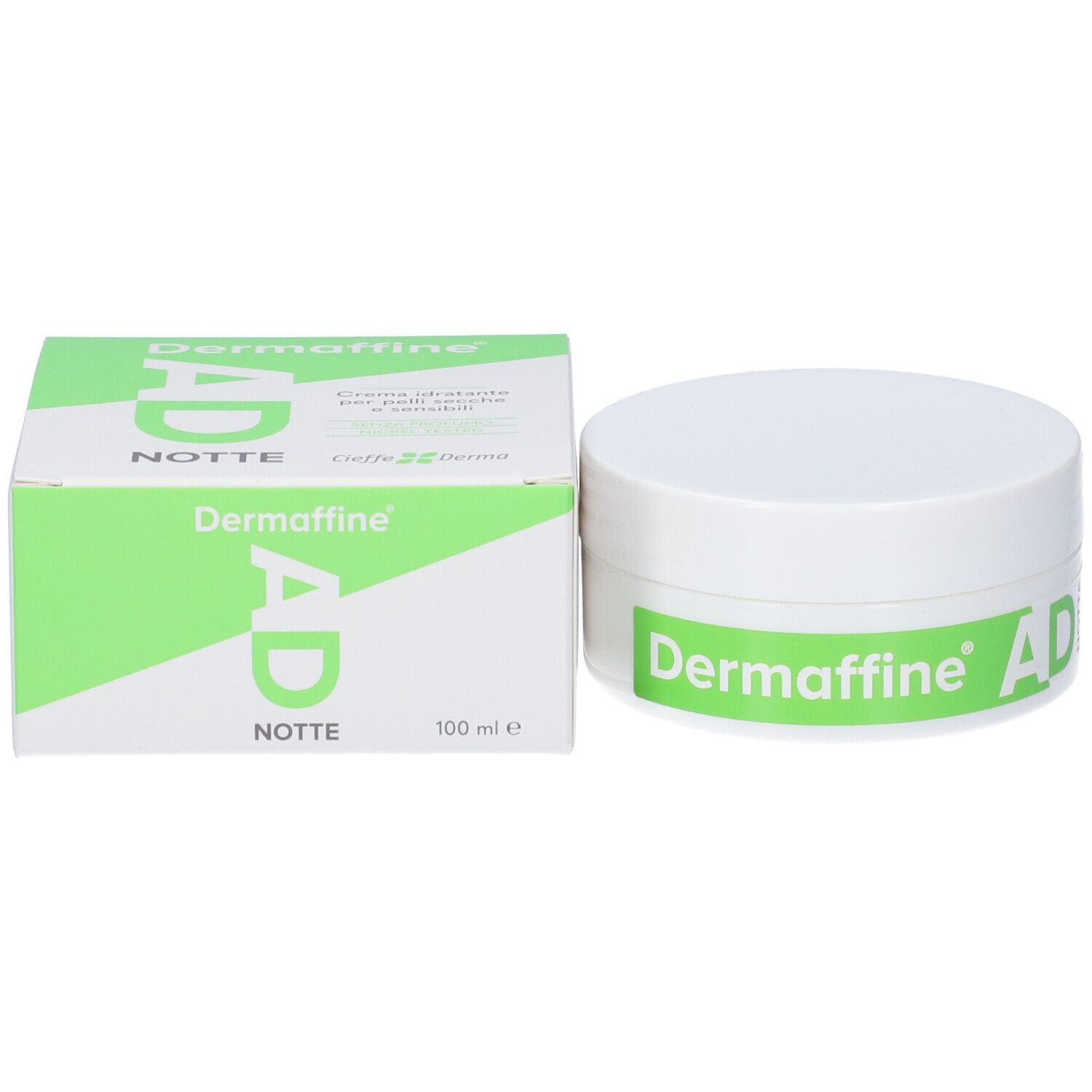 Confezione del prodotto con vasetto e scatola. Scritta: Dermaffine AD Notte.