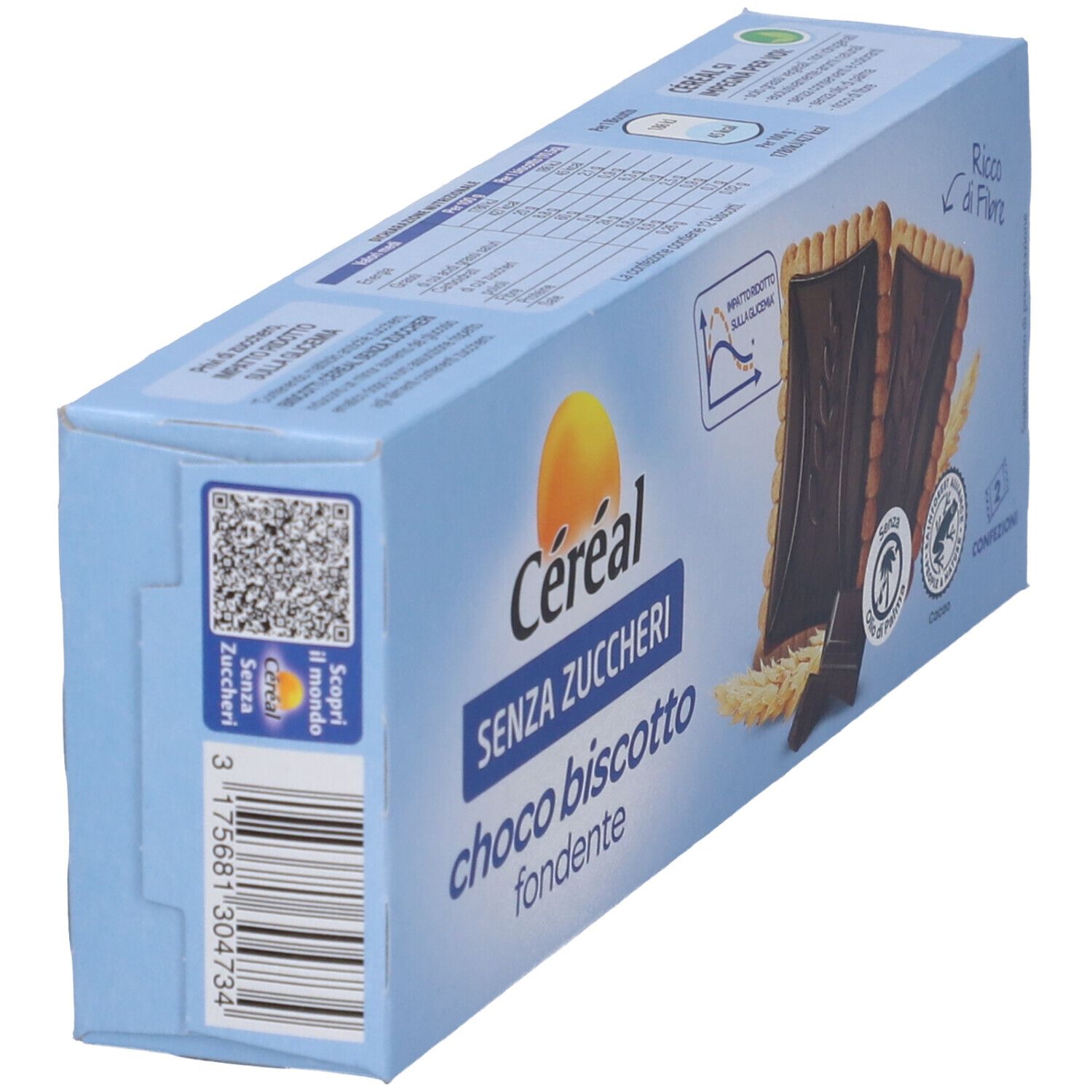 Scatola in vista obliqua. Logo Céréal e nome del prodotto. Codice QR e informazioni nutrizionali sul lato.