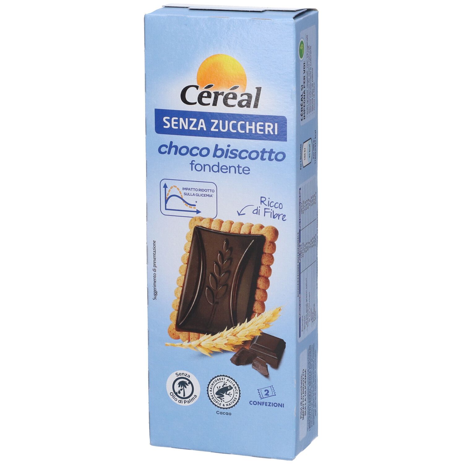 Scatola azzurra con logo Céréal e nome del prodotto. Mostra un biscotto ripieno di cioccolato e una spiga di grano.