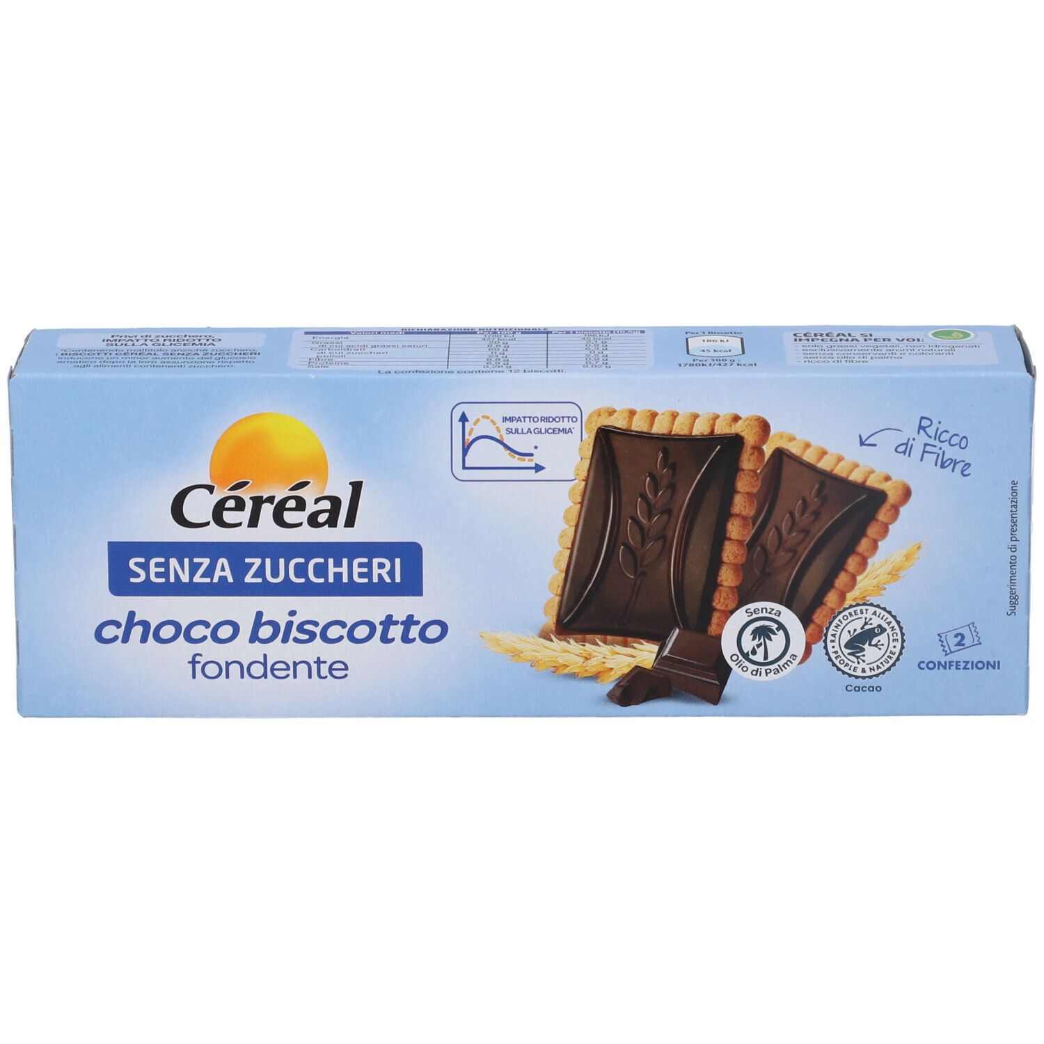 Scatola azzurra con logo Céréal e nome del prodotto. Mostra due biscotti ripieni di cioccolato.