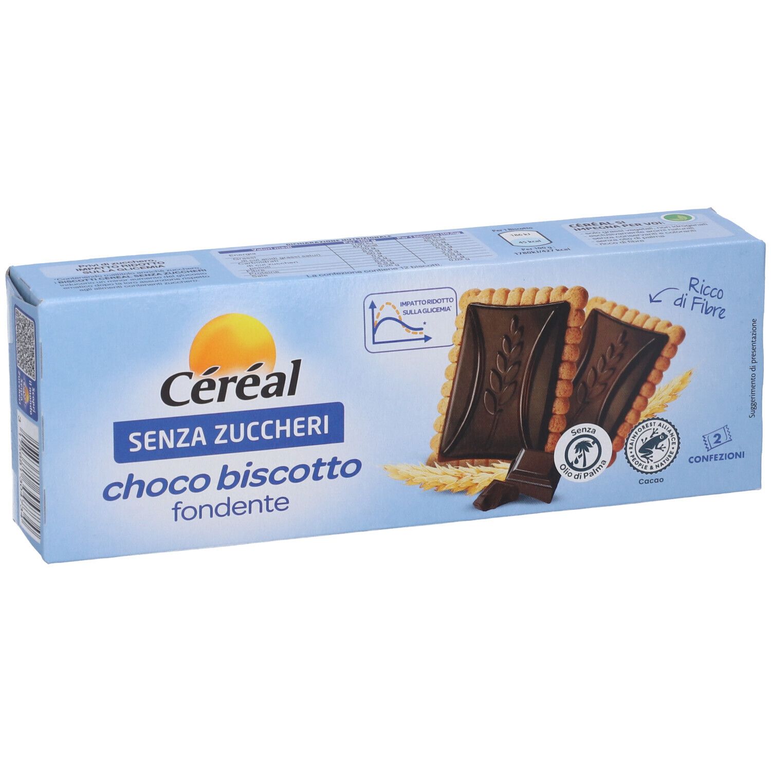 Scatola azzurra con logo Céréal e nome del prodotto. Mostra due biscotti ripieni di cioccolato.