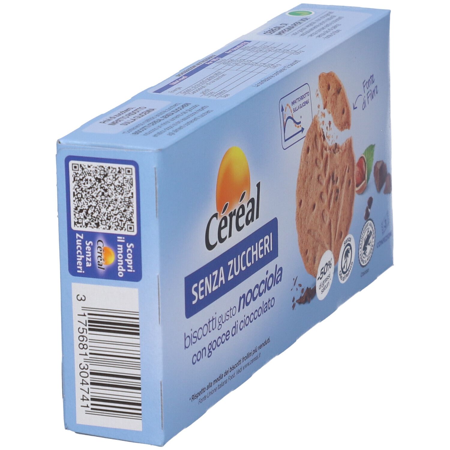 Scatola blu di biscotti Cereal. Scritto: SENZA ZUCCHERI, biscotti gusto nocciola con gocce di cioccolato. Codice QR e codice a barre.