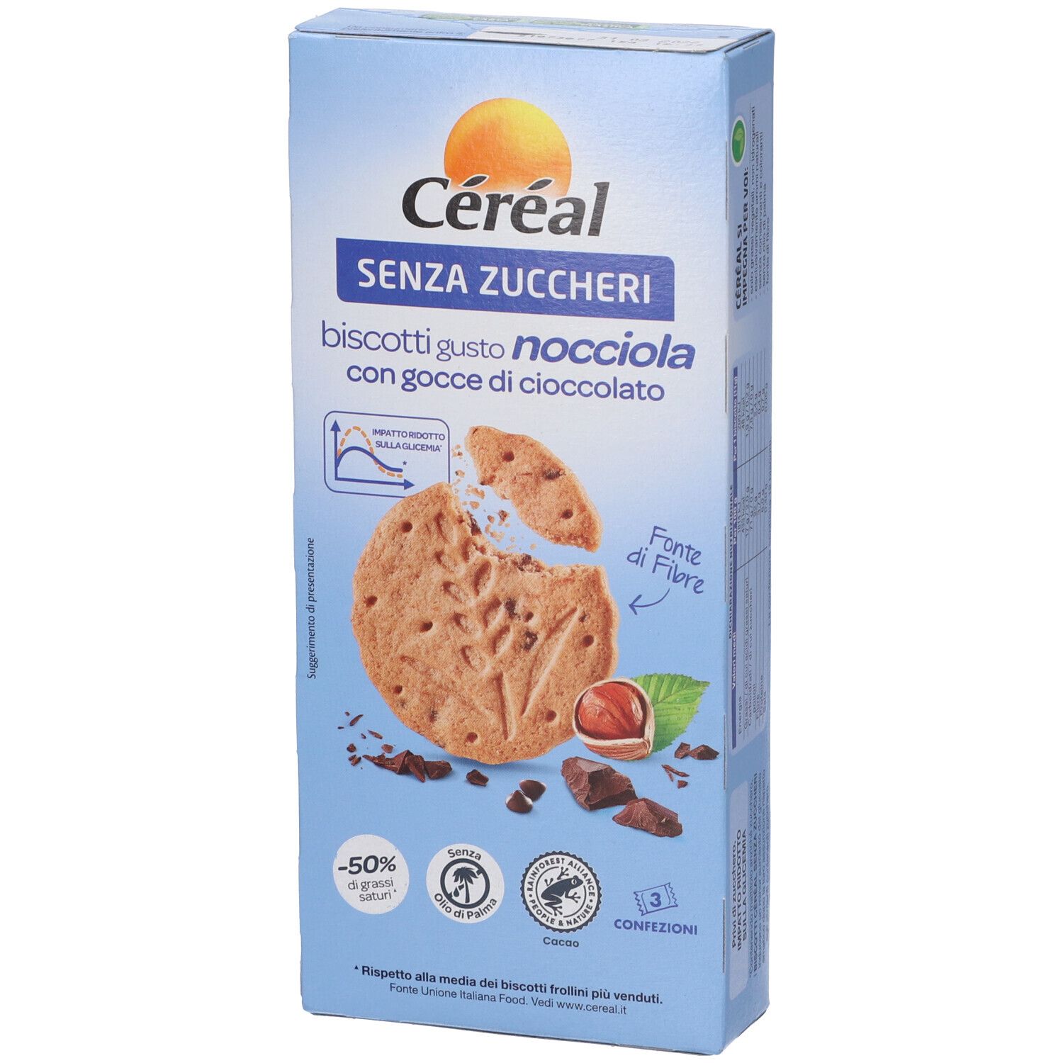 Scatola blu di biscotti Cereal. Scritto: SENZA ZUCCHERI, biscotti gusto nocciola con gocce di cioccolato. Immagine di biscotto e nocciola.
