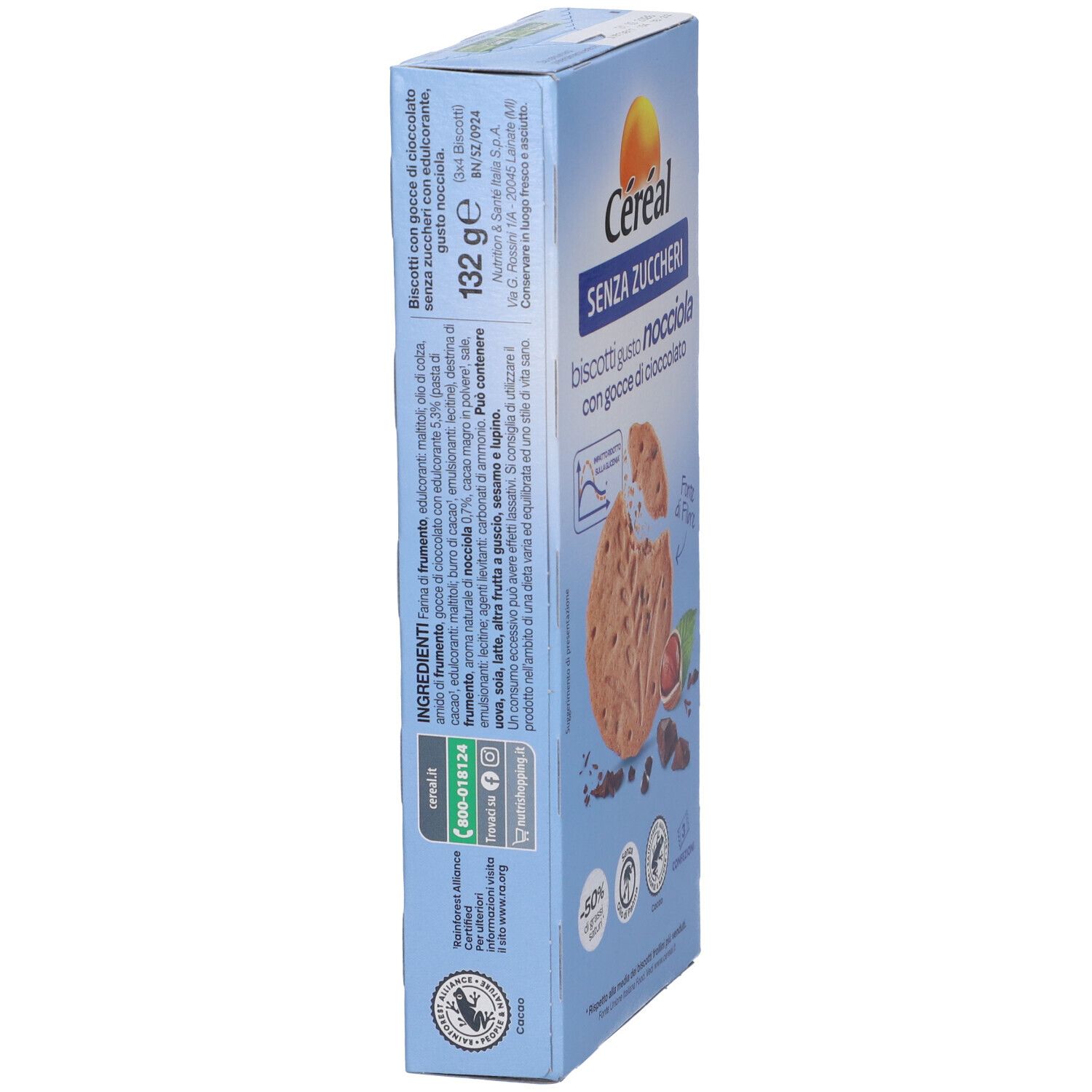 Scatola blu di biscotti Cereal. Scritto: SENZA ZUCCHERI, biscotti gusto nocciola con gocce di cioccolato. Retro con informazioni nutrizionali.