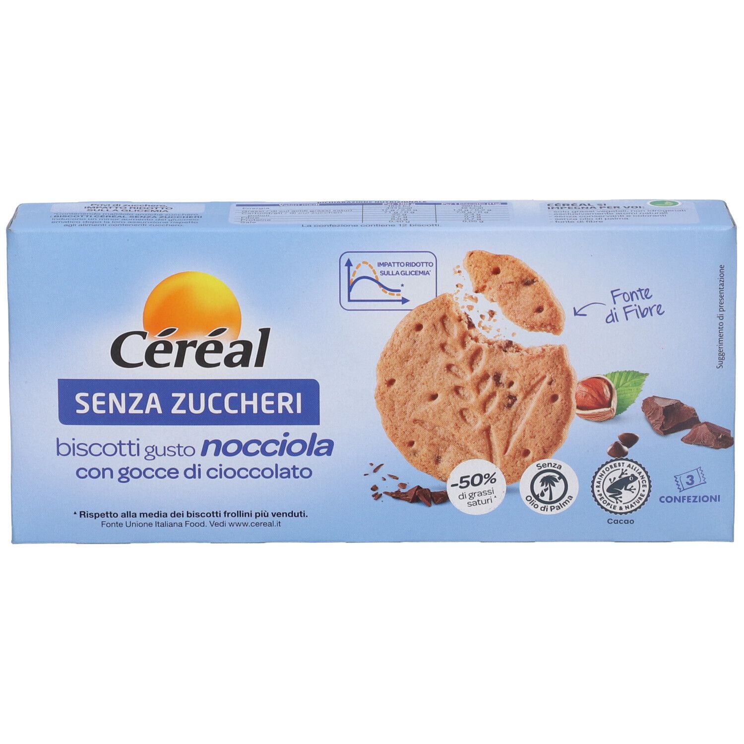 Scatola blu di biscotti Cereal. Scritto: SENZA ZUCCHERI, biscotti gusto nocciola con gocce di cioccolato. Immagine di biscotto e nocciola.