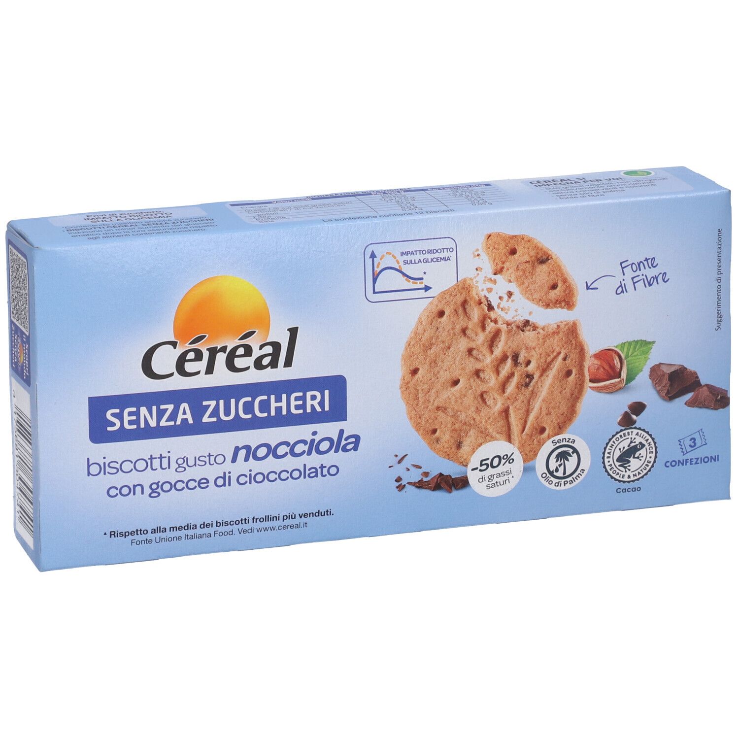 Scatola blu di biscotti Cereal. Scritto: SENZA ZUCCHERI, biscotti gusto nocciola con gocce di cioccolato. Immagine di biscotto.