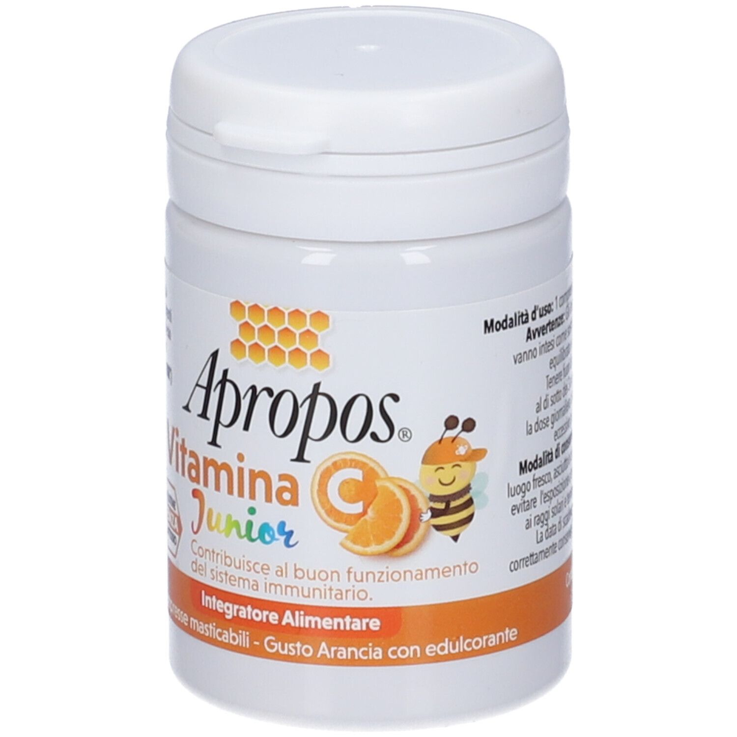 Barattolo bianco APROPOS Vitamina C Junior. Striscia arancione con testo. Senza glutine e lattosio.