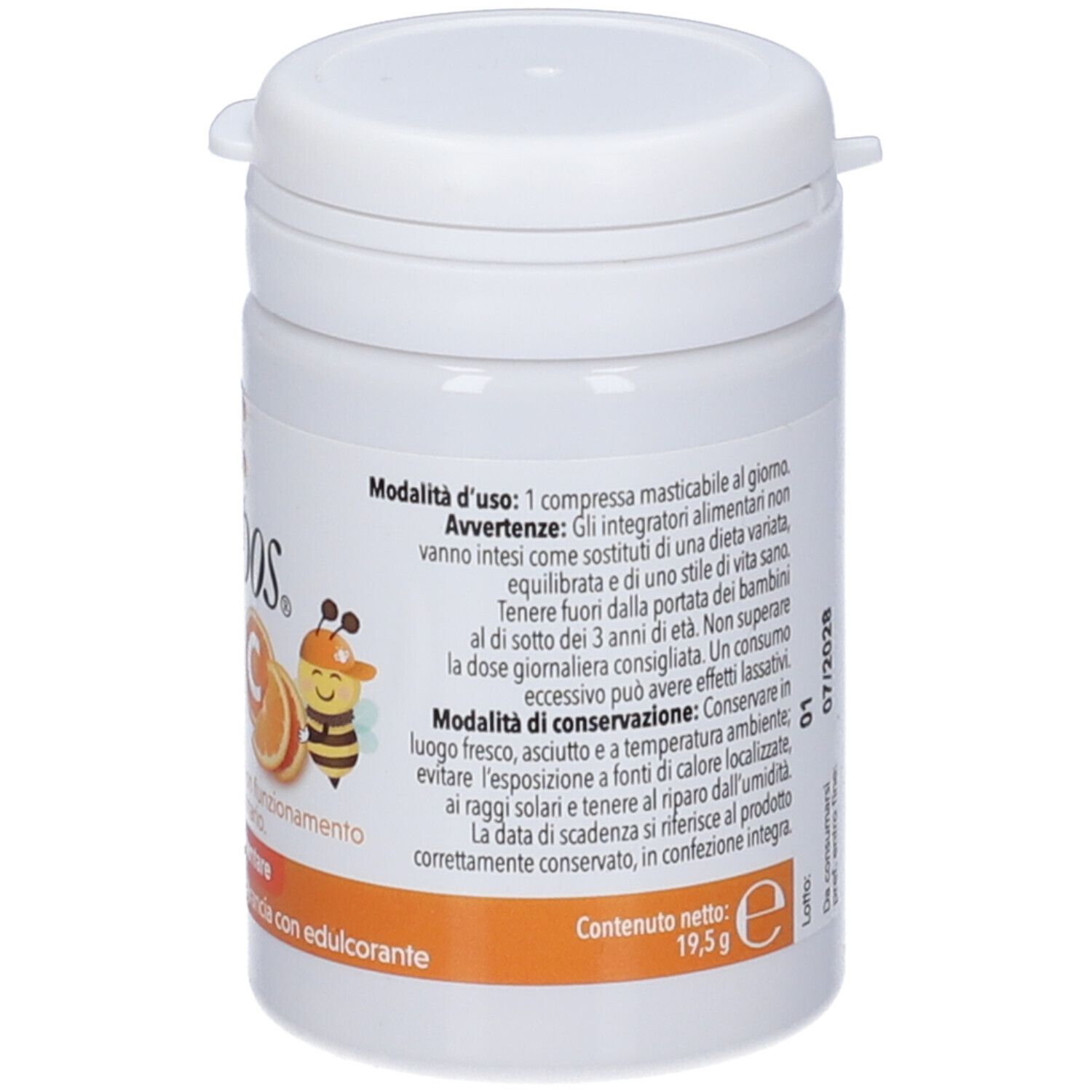 Barattolo bianco con testo. Istruzioni per l'uso e scadenza 07/2028. Peso netto 19,5g.