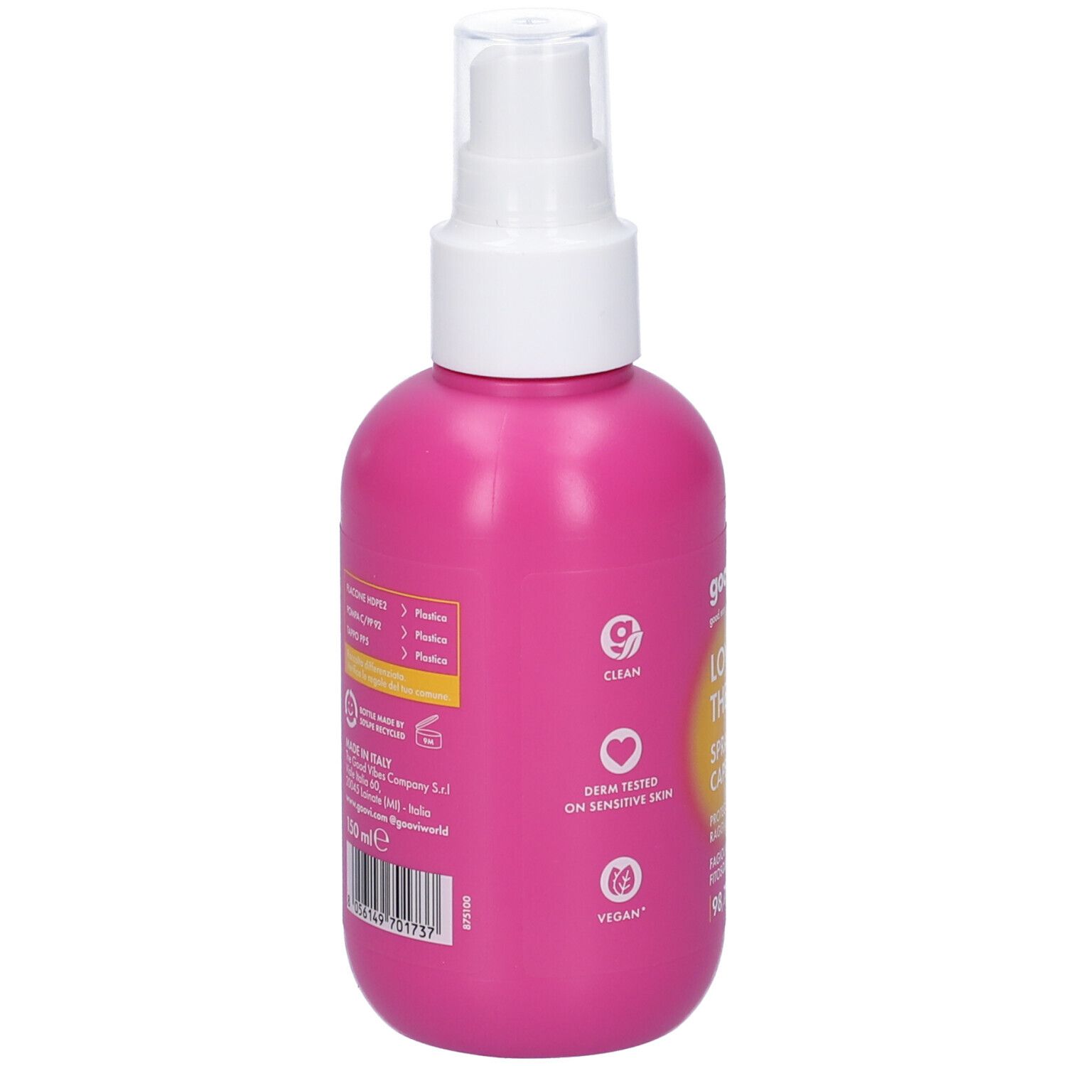 Flacone rosa con vaporizzatore bianco. Scritta: Goovi. Etichetta con informazioni e loghi. Logo vegano.