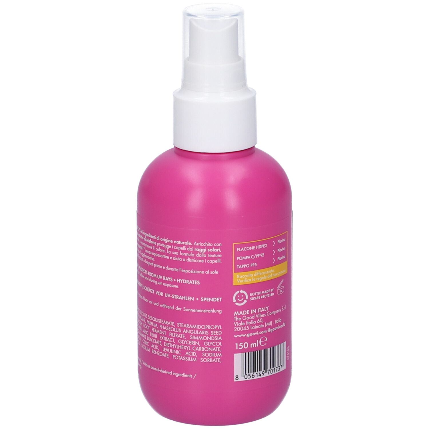 Flacone rosa con vaporizzatore bianco. Scritta: Goovi. Etichetta con ingredienti e informazioni. 150 ml.