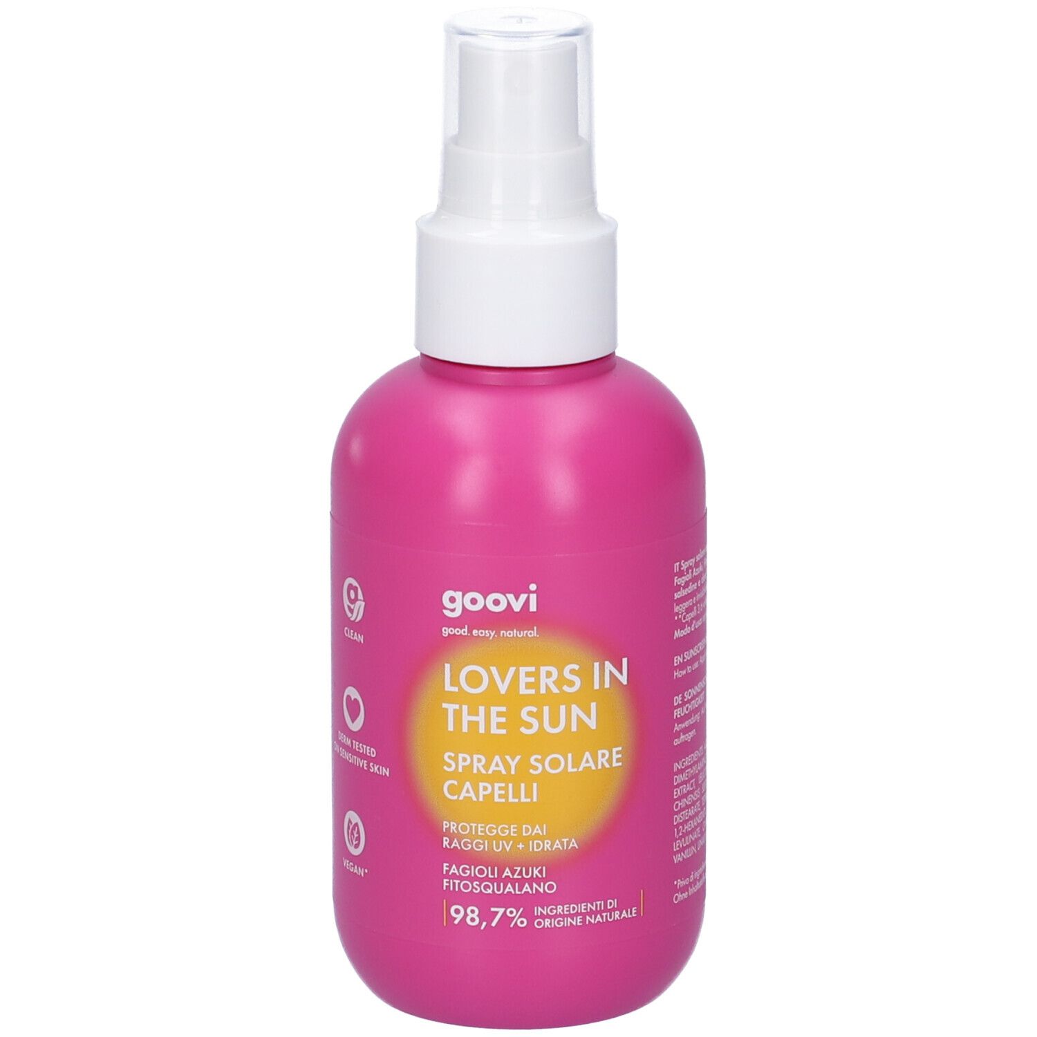 Flacone rosa con vaporizzatore bianco. Scritta: Goovi, Lovers in the Sun, Spray Solare Capelli. Etichetta gialla.