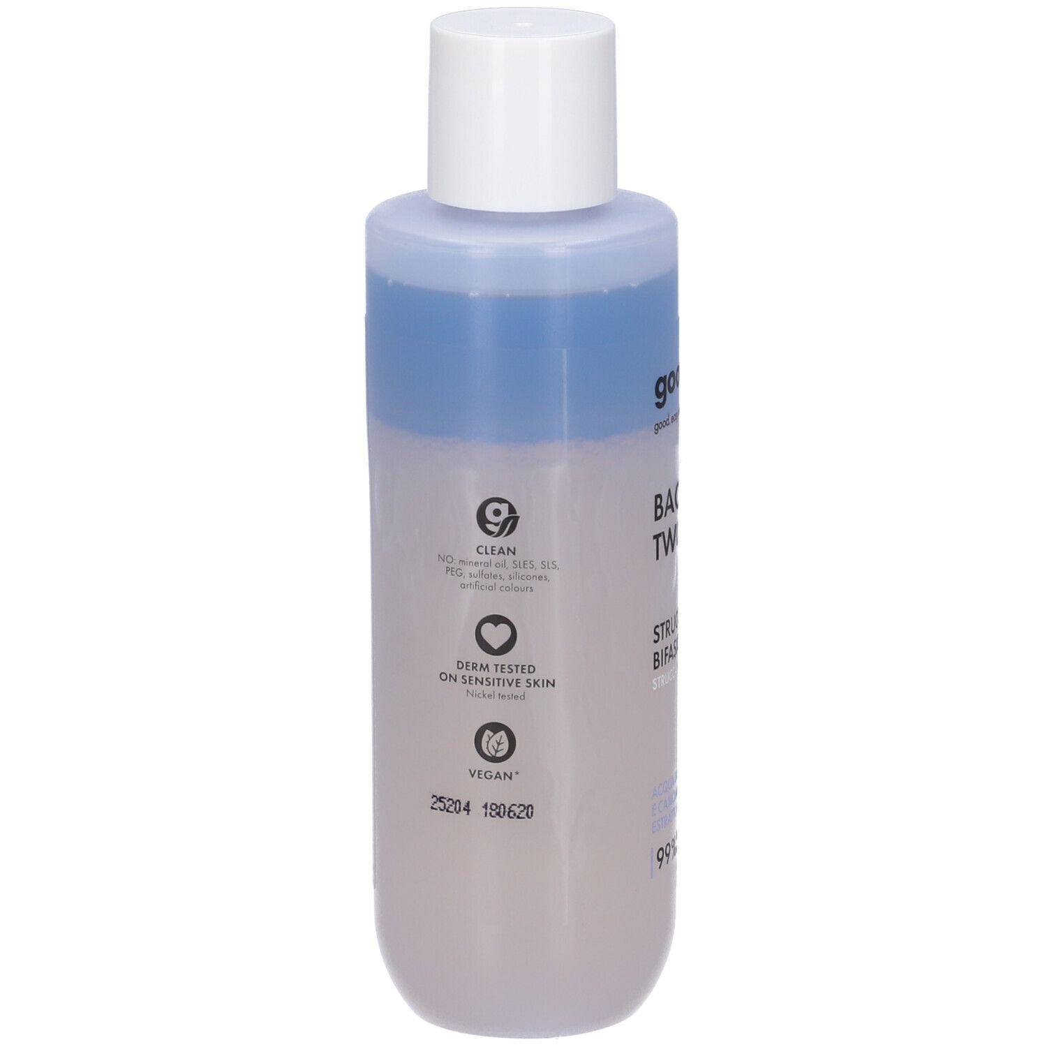 GOOVI STRUCCANTE BIFASICO200ML. Flacone con tappo bianco, contenuto bicolore. Loghi: Clean, Testato dermatologicamente, Vegan. Testo: BACK TWO ME, STRUCCANTE BIFASICO.