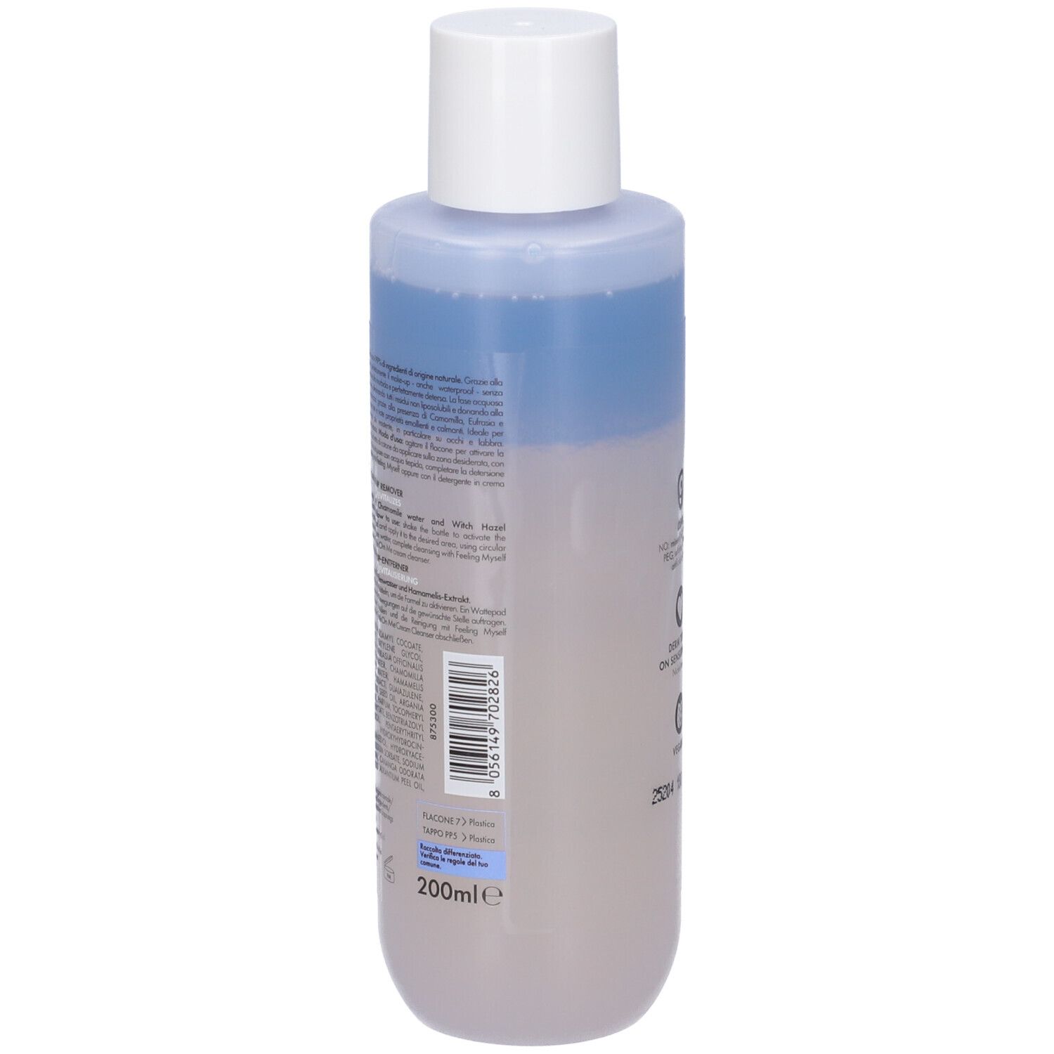 GOOVI STRUCCANTE BIFASICO200ML. Flacone con tappo bianco, contenuto bicolore. Testo e codice a barre sul retro. Volume: 200ml.
